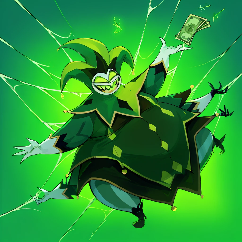 score_9, score_8_up, score_8, best quality, 8k, solo, 1boy, Mammon, fat, green headwear, monster boy, 2d, overweight male, multiple arms, money falling to ground, spider webs, green background, dark lighting, hands on body, cocky smile