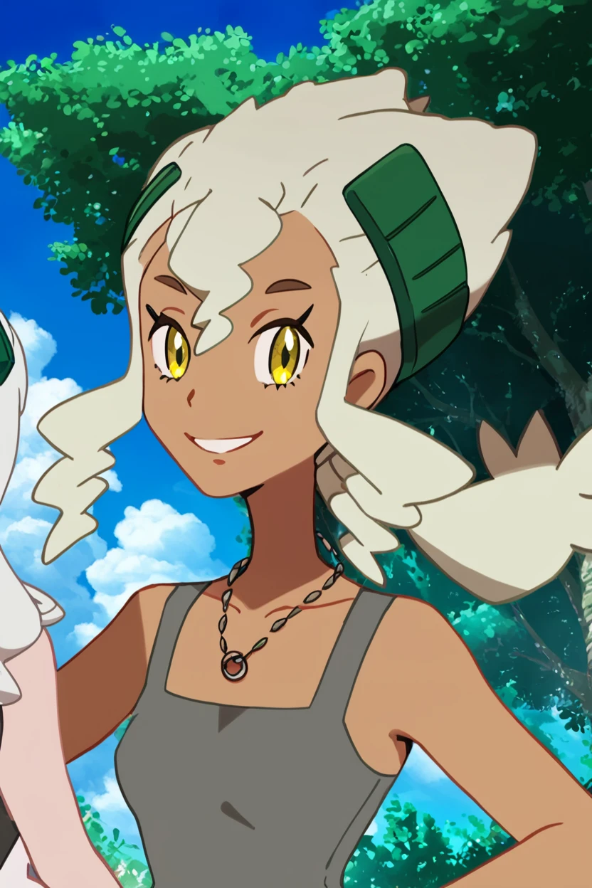 score_9, score_8_up, score_8, medium breasts, (curvy), cute, eyelashes,       ,,, , ,,, zzBurnet, yellow eyes, hair between eyes, hair ornament, long hair, white hair, dark skin, jewelry, necklace, tank top, collarbone, clothes around waist, <lora:Burnet_Pokemon_PDXL:1.0> ,,,, BREAK, smile, looking at viewer, cowboy shot, ,,, outdoors, sky, day, cloud, tree, blue sky, sunny,  ,,, Expressiveh, ,,, <lora:Alola_Style_PDXL:0.8>, <lora:Expressive_H-000001:0.4>,