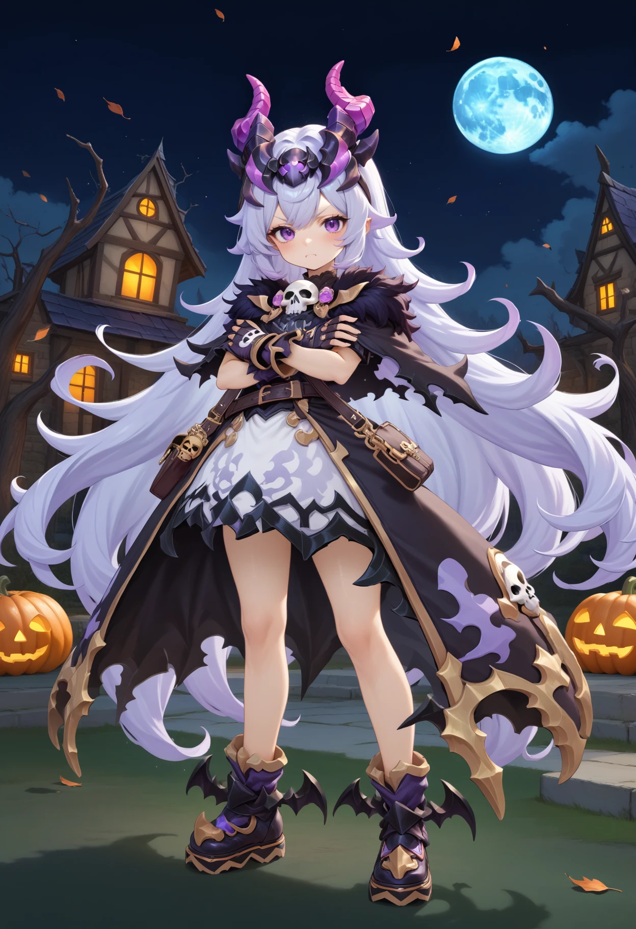 masterpiece, best quality, very aesthetic, absurdres, rom_hela_xl,
1girl, purple hair, horns, purple eyes, grumpy, skull on chest, fingerless gloves, saddlebag, 
full body, standing, crossed arms, haunted house, withered trees, bats, halloween bucket, pumpkin,
outdoors, moon, (wind, falling leaves, light particles:1.4), light rays, tyndall effect, vivid colors, tranquil and magical atmosphere,
shiny skin, beautiful face, beautiful eyes, extreme detailed, official art, professional illustration, hires,
<lora:rom_hela_xl:1>, <lora:aesthetic_anime_v1s:0.5>, <lora:add_details_xl:0.5>