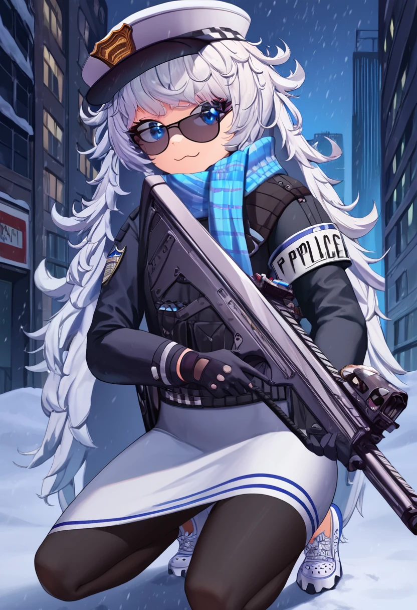 score_9,score_8_up,score_7_up, rating_general, masterpiece, source_anime, zPDXL2, city background,  new york city, police car, police siren, police light, snowy background, snow, BREAK,  <lora:Poli-000005:1>, zpolisweet, 1girl, zpolic_outfit,  solo, long hair, looking at viewer, smile, bangs, blue eyes, skirt, gloves, long sleeves, hat, holding, very long hair, closed mouth, jacket,  weapon, white hair, shoes, black gloves, scarf, holding weapon, black jacket, gun, white headwear, sunglasses, white footwear, white skirt, messy hair, sneakers, leggings, tinted eyewear, black leggings, carrying  polipoli_rifle <lora:nikke-style-poses-richy-v1_pdxl:1>, nikkecrouching, full body, kneeling