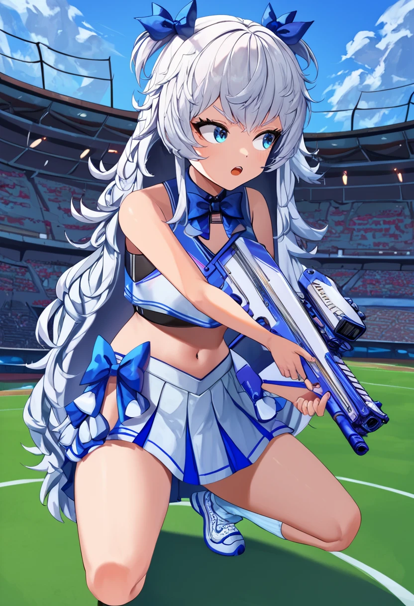 score_9,score_8_up,score_7_up, rating_general, masterpiece, source_anime, zPDXL2,stadium background, outdoors, BREAK,  <lora:Poli-000005:1>, zpolicheerleader, 1girl, zpolid_outfit,  solo, long hair, open mouth, blue eyes, skirt, shirt,  bow, ribbon, navel, holding, bare shoulders, very long hair, hair ribbon, white shirt, weapon, white hair, thighs, pleated skirt, shoes, sleeveless, socks, midriff, miniskirt, stomach, holding weapon, holding funfun_rifle, two side up, crop top, gun, kneehighs, bare arms, sleeveless shirt, squatting, white footwear, white skirt, white socks, sneakers, holding gun, cheerleader,  <lora:nikke-style-poses-richy-v1_pdxl:1>, nikkecrouching, full body, kneeling,