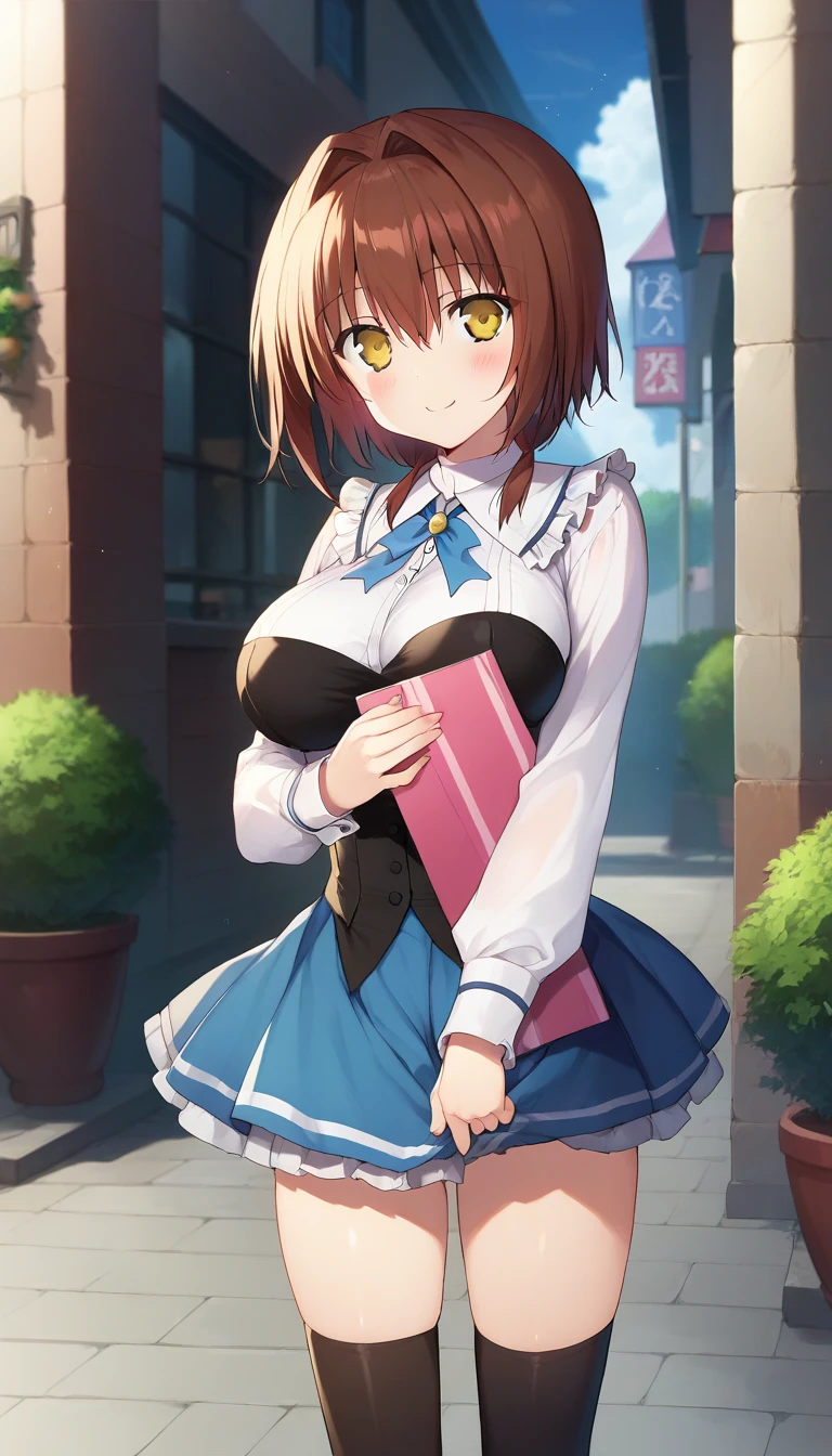 score_9,score_8_up,score_7_up,score_6_up BREAK official art,solo,outdoors,cowboy shot,looking at viewer,facing viewer,smile,blush,Miyabi Hotaka,short hair,brown hair,red hair,hair intakes,hair between eyes,bangs,yellow eyes,neck ribbon,blue ribbon,frilled shirt collar,white shirt,long sleeves,large breasts,black bandeau,black corset,blue skirt,pleated skirt,frills,black socks,mary janes,black footwear,<lora:Miyabi Hotaka(ad)-Pony:1.8>,