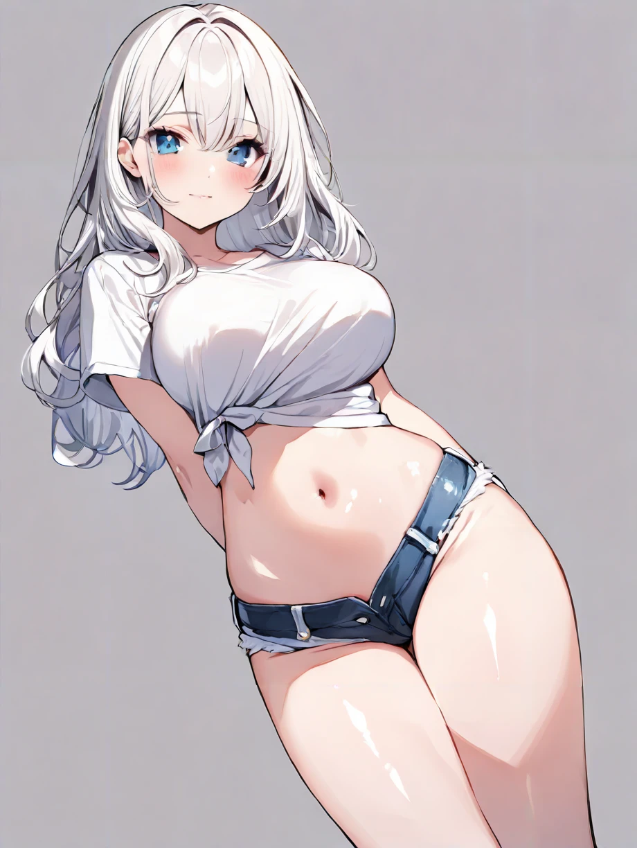 masterpiece,ultra-detailed,best quality,8K,illustration,cute face,clean skin ,shiny hair,girl,large breasts,ultra-detailed-eyes,simple background,white hair, blue eyes, <lora:micro shorts_illustrious_V1.0:1> micro shorts, midriff, navel,denim,pubic hair,shirt