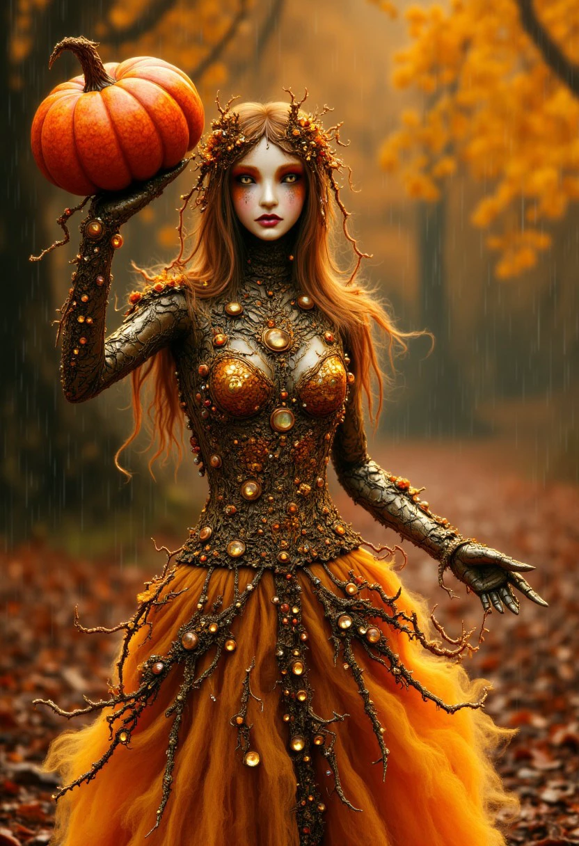 a female android with metal skin and vine leafy hair golden wire hair, holding up a beautiful bejeweled pumpkin that shines and glistens while wearing a divine bejeweled gold vine with bright orange accents dress dancing in the Autumn rain with vibrant Fall trees of red yellow and gold in the background as she glitters and shines with her radiant orange eyes