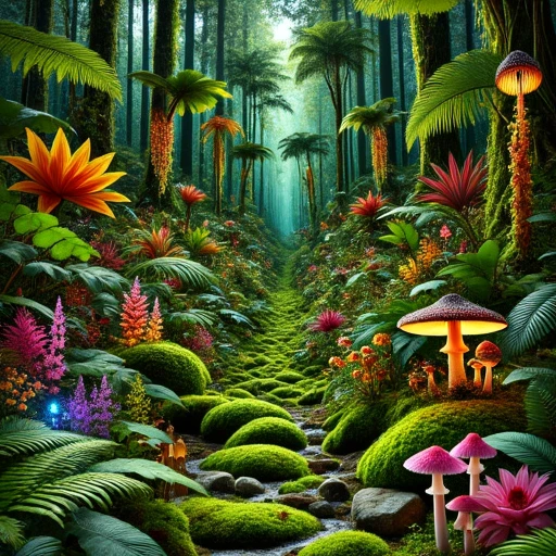 mixed tropical and northern hemisphere forest plants, magical forest with magical plants, also imaginary plants, very lush and green, vibrant colours, ferns and some mushrooms around