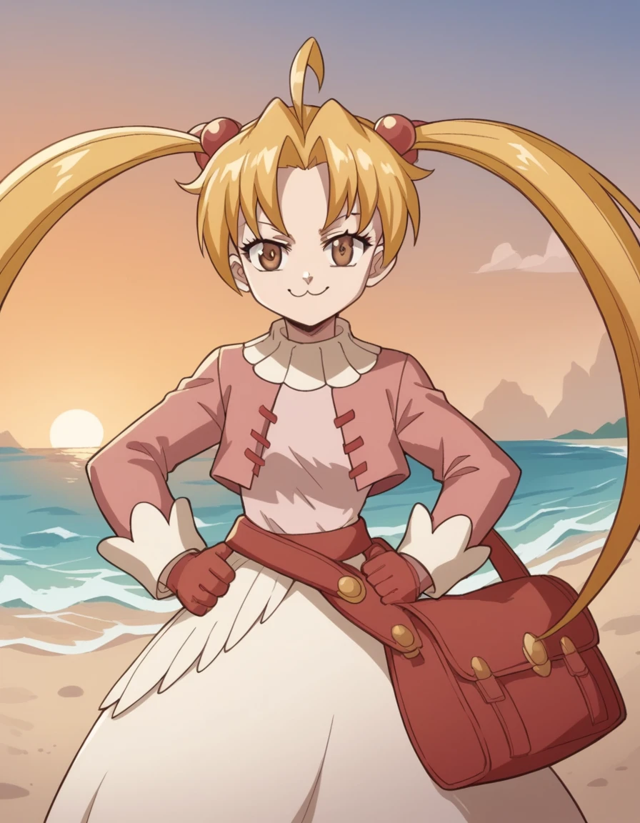 score_9, score_8_up, score_7_up, source_anime, <lora:ragnarok-maya-s1-ponyxl-lora-nochekaiser:1>, ragnarok maya, long hair, blonde hair, hair ornament, twintails, brown eyes, ahoge, parted bangs,, gloves, long sleeves, dress, bag, cropped jacket, pink jacket,, beach, sunset, walking along shore, footprints in sand, waves, peaceful, smile, smug, hands on hips,, looking at viewer, solo,, dutch angle, cowboy shot