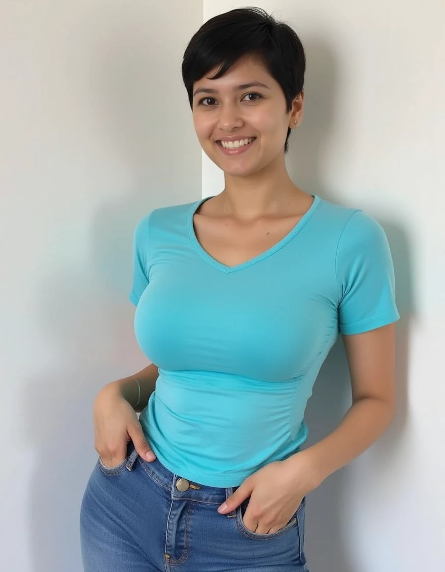 Nethmi from Sri Lanka, female, short choppy pixie nearly black hair, a woman wearing a aqua tt0p <lora:tight-top:1> and jeans