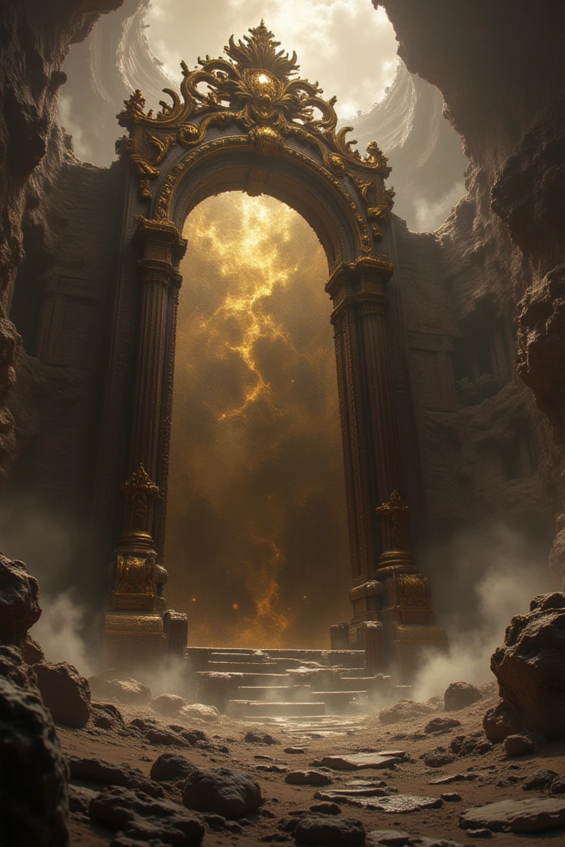 cg,A dark, haunting landscape painting in brown and gold tones, set in a desolate and decaying environment. In the center of the scene stands a massive, ancient mirror resembling a frontal standing gantry, towering over the barren landscape like a enlightened gateway to another realm. The mirror's frame is intricate and with morbid details, with twisted, gothic designs that echo an ominous, eerie presence. The surrounding landscape is shrouded in dark shadows and barren ground, while a faint, unnatural glow emanates from the portal. The color palette is dominated by deep browns, golds, and blacks, evoking a sense of dread and mystery. The brushstrokes are rough and textured, giving the painting a brooding, unsettling atmosphere similar to the style of the attached image. The mood suggests something otherworldly and sinister, as if the mirror-portal holds dark secrets or leads to a dangerous, forgotten realm