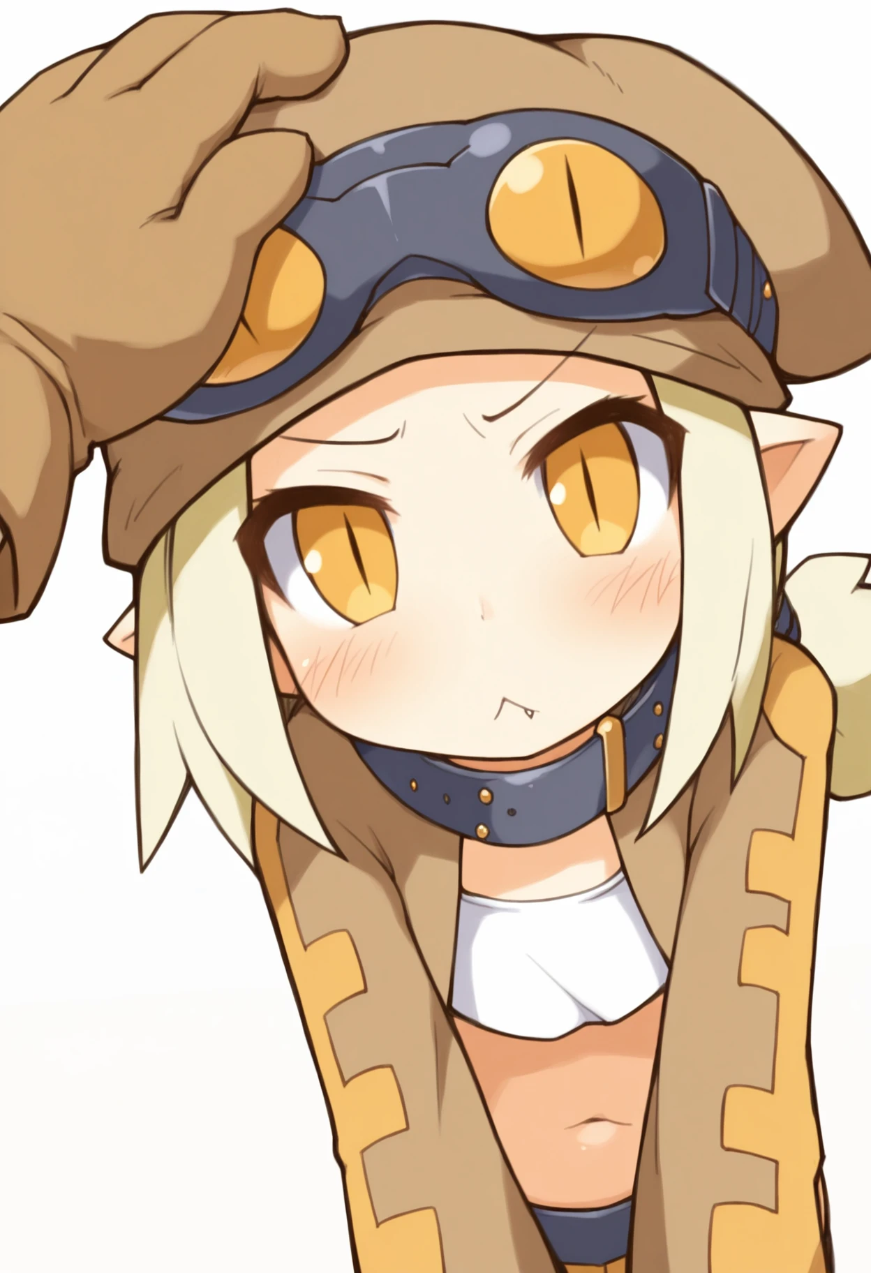 (masterpiece, best quality), 1girl, thief \(disgaea\), yellow eyes, blonde hair, pointy ears, long hair, goggles, hat, belt, blush, brown gloves, gloves, looking at viewer, shirt, slit pupils, solo, white shirt, fang, blush, headpat, looking at viewer, :\<, white background, pov, <lora:char-thief-disgaea>