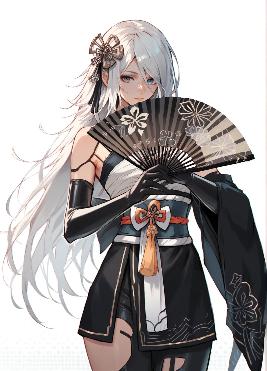 a2kimono, 1girl, solo, japanese clothes, yorha type a no. 2, sash, long hair, white hair, wide sleeve, elbow glove, kimono, blue eyes, hair ornament, holding, hand fan, cowboy shot, white background <lora:Nier_KimonoA2-PONY:0.8>, score_9, score_8_up, score_7_up, score_6_up,