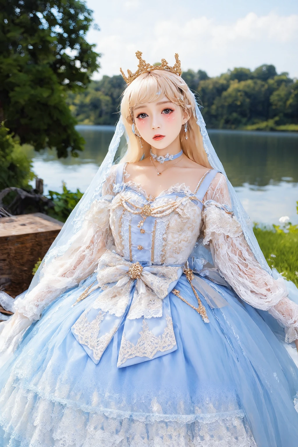 (masterpiece, best quality:1.2),illustration,8k,anime, hd,1 girl,very long hair,solo,blonde hair, (collarbone:1.2),looking at viewer,
cshy,jewelry,dress,long sleeves,hair ornament,earrings,necklace,lace,tiara,choker,bow,lace-trimmed dress,<lora:cshy_FLUX:0.85>
((cleavage)),large breasts,outdoors,(lake:1.5),extremely detailed dress,crystalstexture skin,front view,