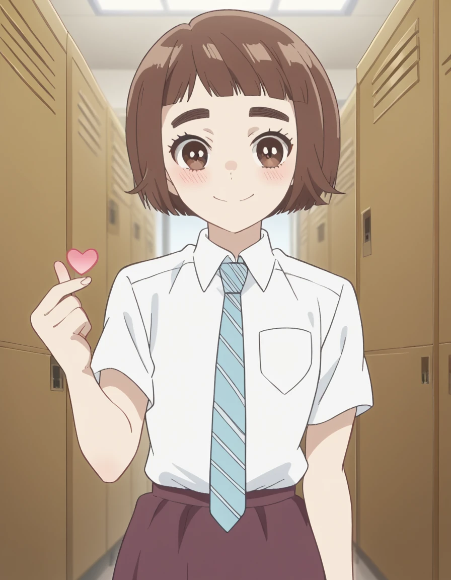 score_9, score_8_up, score_7_up, source_anime, <lora:kazusa-onodera-s1-ponyxl-lora-nochekaiser:1>, kazusa onodera, short hair, bangs, brown hair, brown eyes, blunt bangs, bob cut, thick eyebrows,, skirt, shirt, school uniform, white shirt, short sleeves, necktie, striped, collared shirt, shirt tucked in, striped necktie,, school hallway, lockers, between classes, everyday life, , <lora:finger-heart-ponyxl-lora-nochekaiser:1>, finger heart, heart, blush, smile,, looking at viewer, solo,, dutch angle, cowboy shot