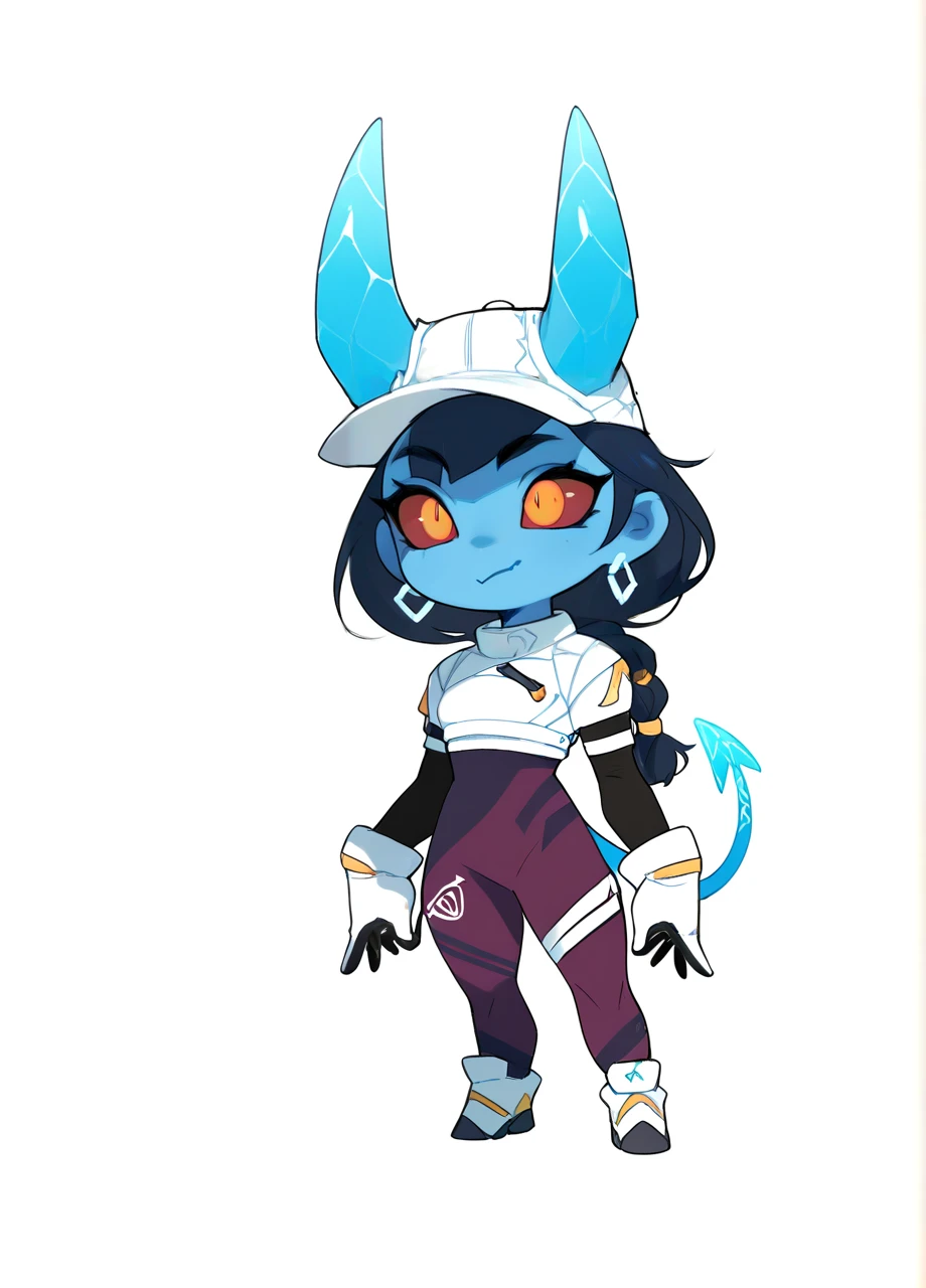 fnshiver, cap, crop top, gloves, bodysuit, demon girl, single braid, earrings, horns, colored sclera, blue skin, tail, chibi, full body, white background <lora:FN_Shiver-PONY:0.8>, score_8_up, score_7_up, score_6_up, score_5_up, score_4_up,