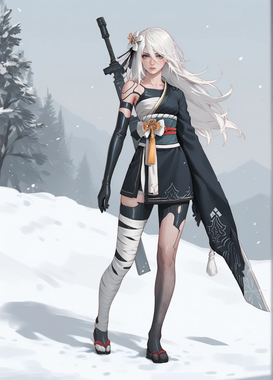 a2kimono, 1girl, solo, japanese clothes, yorha type a no. 2, sash, long hair, white hair, wide sleeve, elbow glove, kimono, blue eyes, hair ornament, outdoors, weapon on back, bandaged leg, snow storm  <lora:Nier_KimonoA2-PONY:0.8>, score_9, score_8_up, score_7_up, score_6_up,