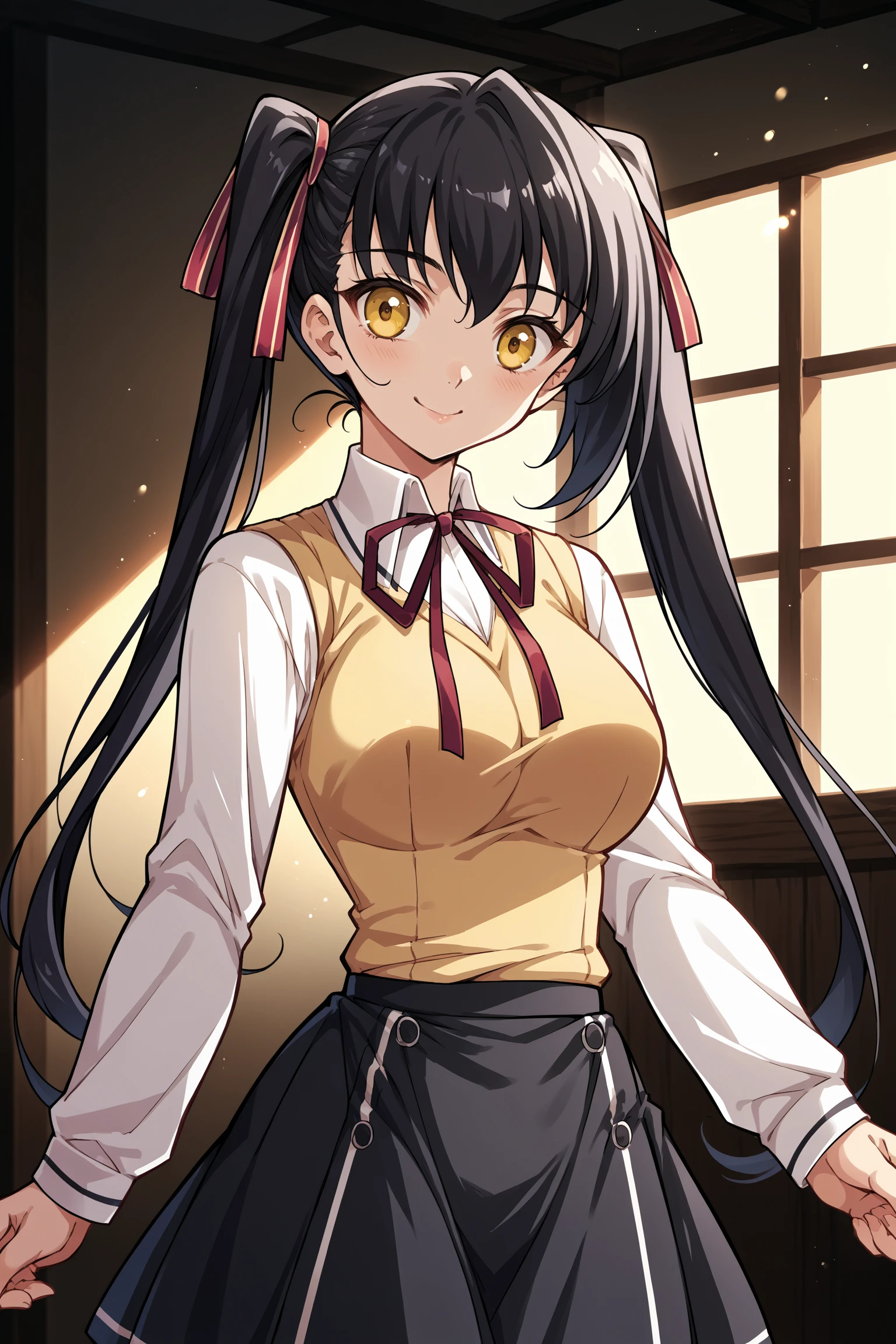 score_9, score_8_up, score_7_up, , rating_general ,1girl ,yellow eyes, twintails, black hair, hair red ribbon, neck red ribbon, white clothes, yellow sweater vest, long sleeves, black skirt,  indoors, source_anime,  <lora:ManaMinazukiPDCAMEq1v1 JK Koukan ~Soko no Anata:1>, cowboy shot, abstract, spotlight, smile