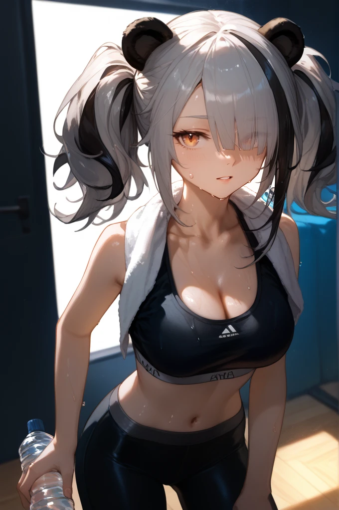 masterpiece, absurdres , (intricate details), (colorful),cinematic lighting,bust shot,extremely detailed CG unity 8k wallpaper,1girl, solo,teen female, arm up, looking at viewer, sports bra, locker room,cowboy shot,  solo, sports bra, 1girl,solo,elf,white hair,grey hair,earrings,pointy ears,long hair,ponytail,green eyes,twintails,parted bangs,thick eyebrows, Add scream sounds text to the image, add heart stickers