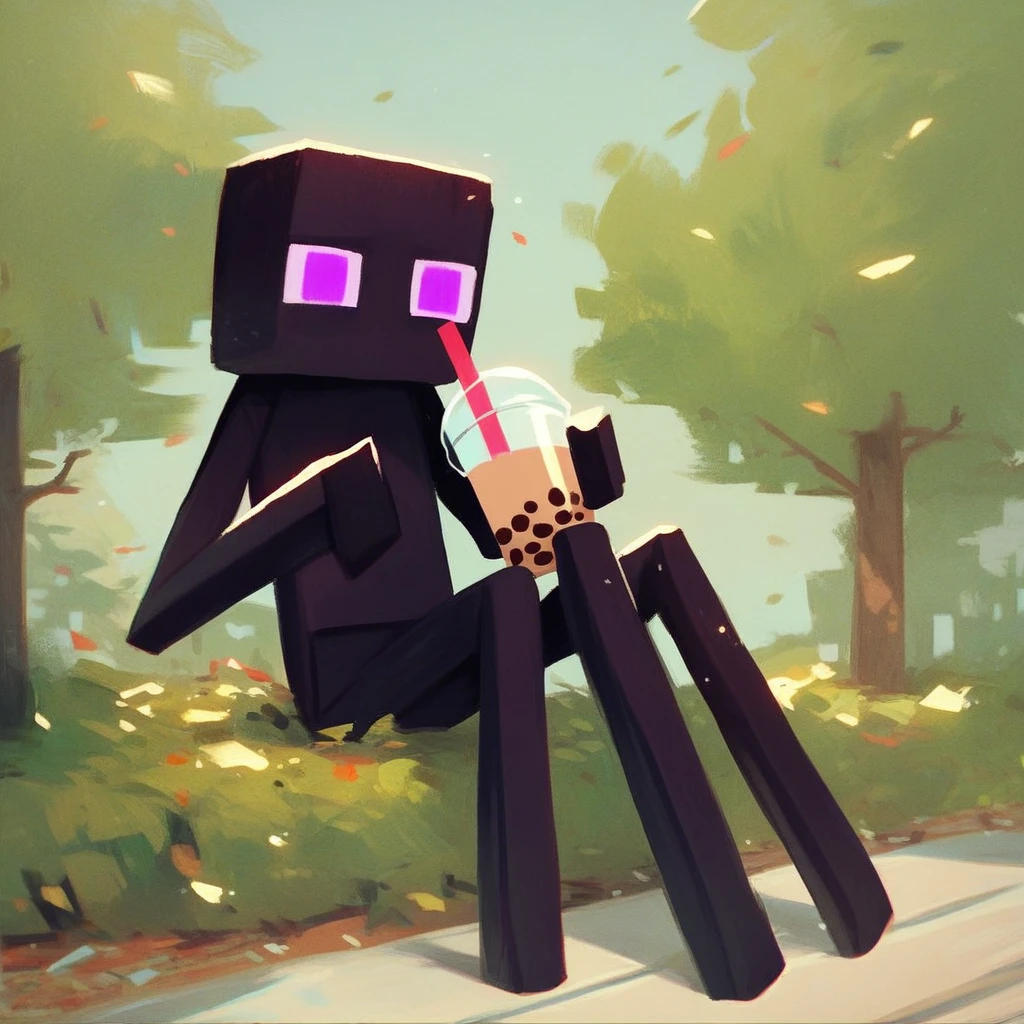 score_9_up, score_8_up, score_7_up, mikus-sona, black skin, purple eyes, square head, square body, tall, long legs, long arms, holding, bubble tea, park