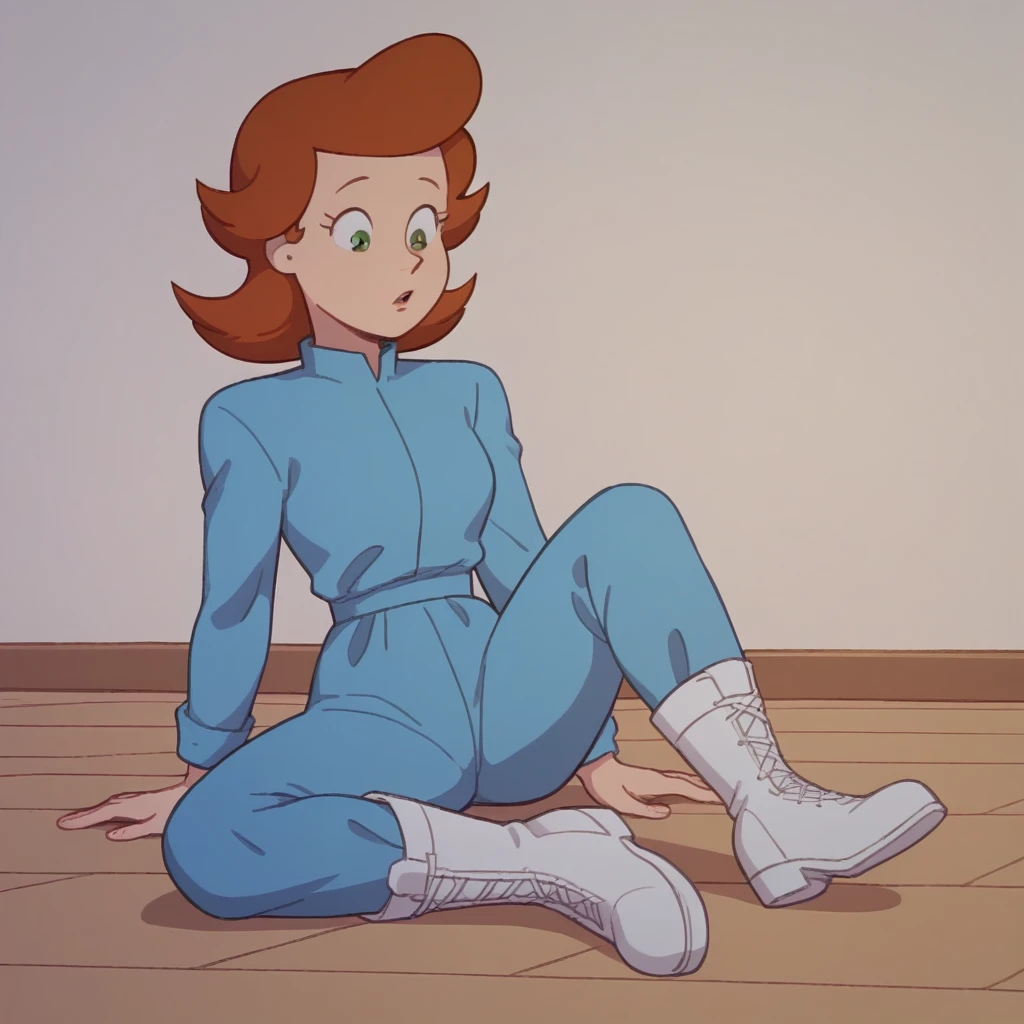 score_9_up, score_8_up, BREAK, MarthaGeneric, 1girl, solo, brown hair, short hair, green eyes, blue jumpsuit, long sleeves, white boots, sitting on floor, <lora:MarthaGeneric_PXL_Leaf1:1>, wariza,