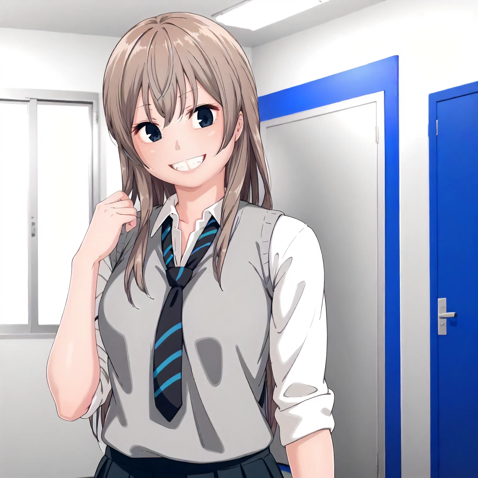 <lora:UnOMdDDMnK_ChiakiXLpony001>,
indoors,
smile,
solo,
Chiaki,1girl,light brown hair,long hair,indigo eyes,
school_uniform,loose tie,gray sweater vest,sleeves rolled up,
black skirt,pleated_skirt,miniskirt,
standing,