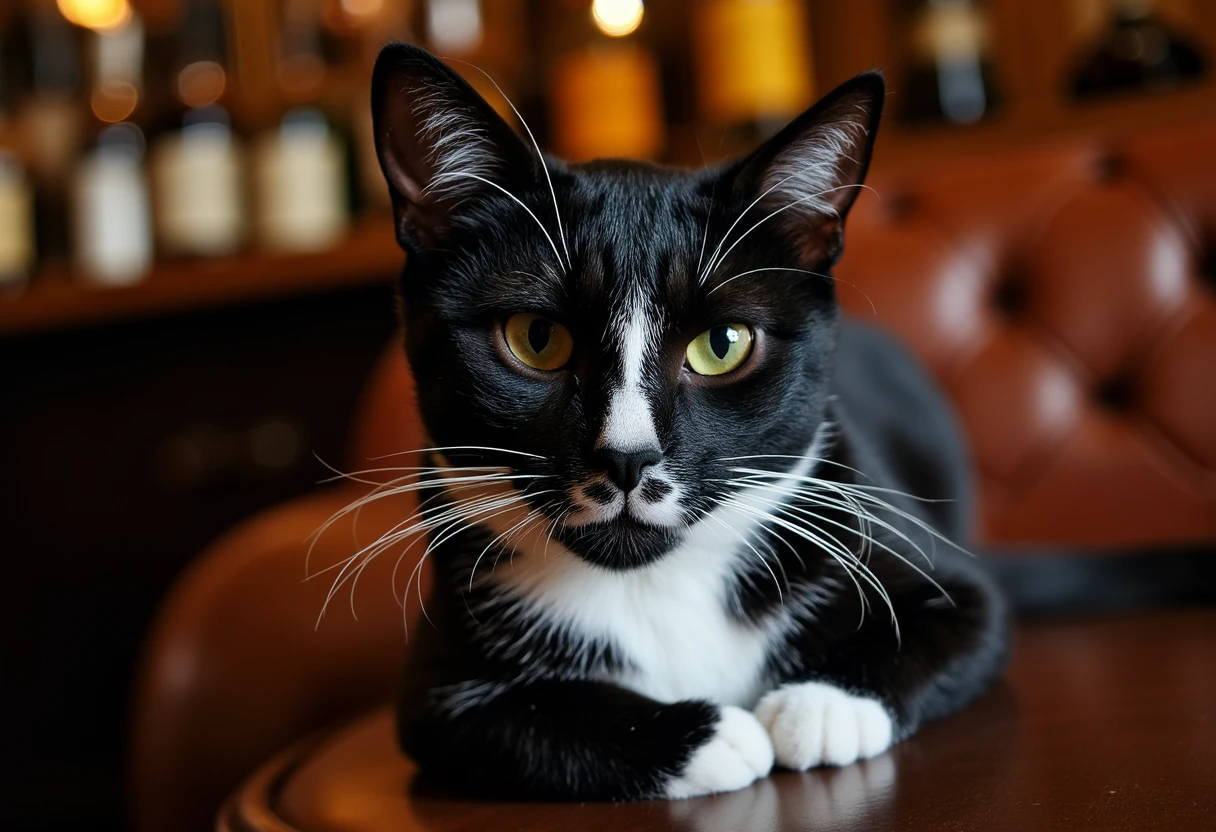 black and white  cat MAOTHECAT with white verical strip on the nose in a extravagant english classic bar
