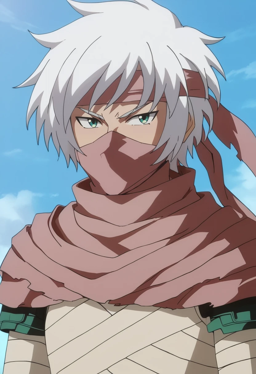 source_anime, (masterpiece), (best quality), score_9, score_8_up, score_7_up, (masterpiece:1.2), (best quality:1.3), 1boy  <lora:Iruga_Alam_Ragnarok:0.8> iruga_rota, white hair, headband, scarf, mask, simple background, upper body, bandages, masterful composition, dynamic movement <lora:Anime Style (Vauxz) PONY:0.8>, low-key lighting, lo-fi, glow, dynamic cinematic lighting, ray_tracing, global illumination