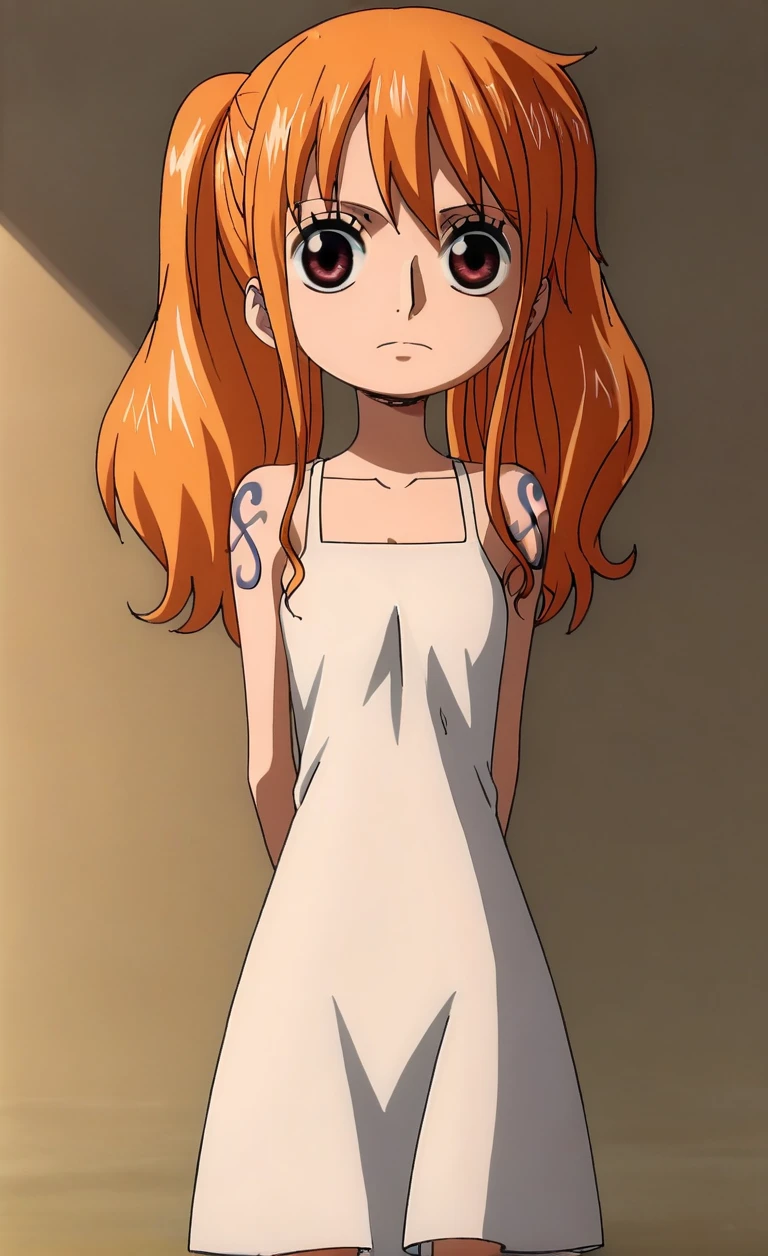 <lora:checkpoint-e100_s900:0.9>, nami, thin, orange hair, twin tails, white sundress, cute, pretty big eyes, hands behind back, innocent, thin, volumetric lighting,