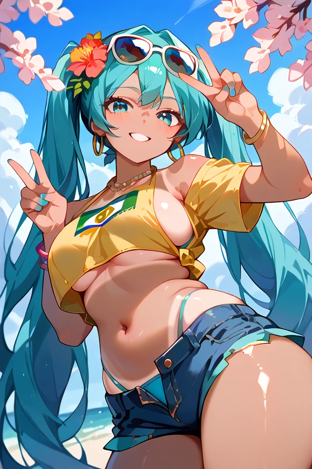 score_9, score_8_up, score_7_up, source_anime, (16k), masterpiece, absurdes, highly detailed, highres, high quality, 1girl, (solo), vocaloid, outdoors, cherry blossoms, cowboy shot, standing, looking at you, hatsune miku, (brazilian miku), blue eyes, aqua hair, absurdly long hair, twintails, dark skin, hair flower ornament, hoop earrings, sunglasses, eyewear on head, yellow shirt, single bare shoulder, short sleeves, midriff, belly chain, brazil flag print, blue bikini, halterneck, highleg bikini, side-tie bikini bottom, bikini under clothes, denim shorts, open shorts, tanlines, bracelet, necklace, sandals, (close-up), shiny skin, smile, parted lips, (seductive smile), sexy, erotic, big breasts, horny expression, tanned, (brazil flag print), (yellow shirt), smug, smile, <lora:Brazilian Miku PonyXL-10:0.7>, <lora:Add Detail Tweaker X:0.7>, dark-skinned female, ((from below)), view from below, beach, curvy body, upper body, blue nail polish, (double v), <lora:HandFixer_pdxl_Incrs_v1:0.7>, handfixer, (zPDXL3), Stable_Yogis_PDXL_Positives, <lora:PonyXL Detail Slider:0.9>