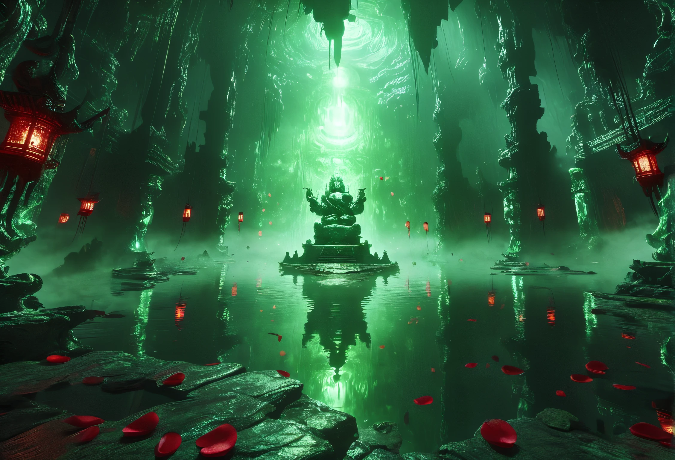 abyssmerald, dark, haunting, green fog, rose petals falling, statue, cave, ruins, root, wet floor, water reflection, red lantern, background fantasy, ancient background, masterpiece, top quality, best quality, official art, cinematic lightings, photorealistic.