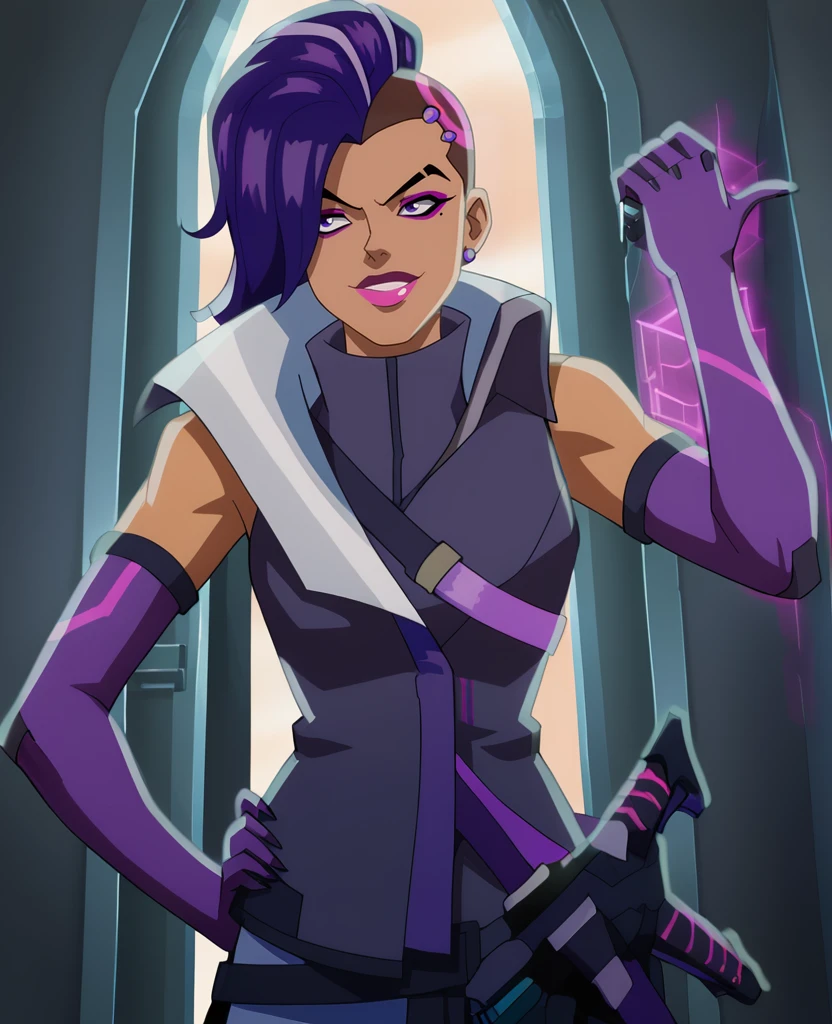 score_5_up, score_4_up,  <lora:Sombra_Animated_Series-000007:1> , sombra1, long hair, purple eyes, purple hair, multicolored hair, earrings, elbow gloves, dark-skinned female, mole under eye,  lipstick, eyeshadow, asymmetrical hair,undercut, high collar, bodysuit, collar, weapon, looking at viewer, hand on own hip, light smile,