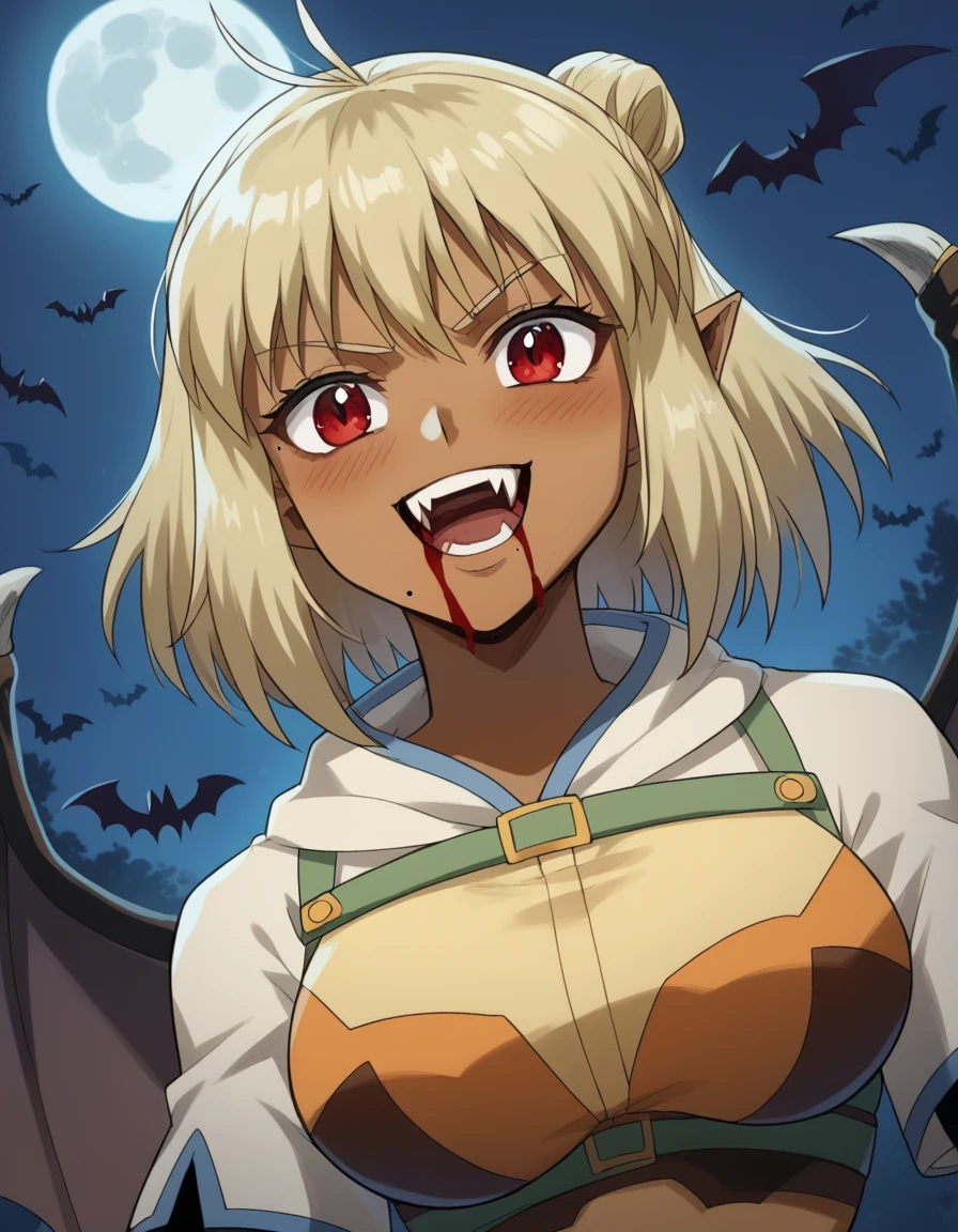 score_9, score_8_up, score_7_up, source_anime, <lora:ragnarok-judia-s1-ponyxl-lora-nochekaiser:1>, ragnarok judia, short hair, bangs, blonde hair, red eyes, dark skin, hair bun, dark-skinned female, antenna hair, mole, mole under mouth, large breasts,, <lora:vampire-ponyxl-lora-nochekaiser:1>, vampire, red eyes, pointy ears, fangs, black dress, wings, blood, blood on face, blood on mouth, bat (animal), halloween, halloween costume, upper teeth only, night, moon, blush, smile, open mouth, , dutch angle, cowboy shot