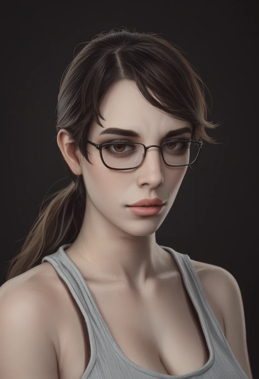 Score_9, score_8_up, score_7_up, extreme closeup portrait of a chud woman,   dark background,
<lora:Chudette:.9> chudette, brown hair,  , pale skin, dark brown eyes, glasses, 1girl, ,black eyebags,  , ponytail, big lips,, best quality,(hyperrealistic art:1.2)
BREAK
extremely high-resolution details, photographic, (realism pushed to extreme:1.2), fine texture, (incredibly lifelike:1.2), (3d:1.2)