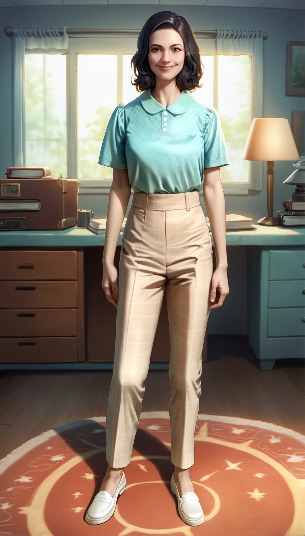 score_9,score_8_up,score_7_up,
<lora:nora:0.9>,fo4nora,
realistic,
1girl,solo,black hair,medium hair,brown eyes,looking at viewer,smile,
light green polka dot short,high-waisted beige pants,white flat shoes,full body,standing,
indoors,backlighting,living room,circular-patterned rug,a small wooden table with a book and a yellow round lamp,