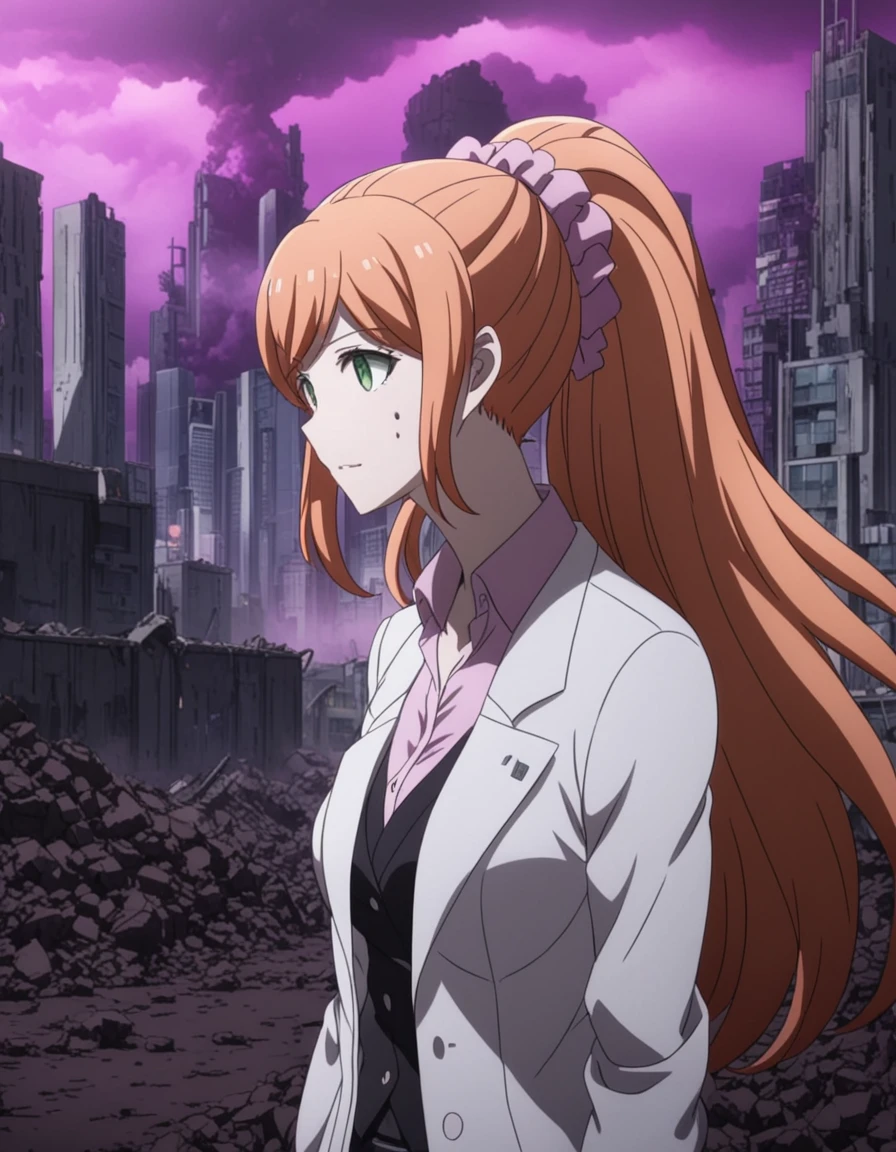 masterpiece, best quality, <lora:Chisa_Yukizome_SDXL:1>, This is an anime screencap from Danganronpa 3. ,  .  ((orange hair)), ((long white coat)), Chisa Yukizome wearing her uniform from Danganronpa 3 future arc. Chisa has green eyes and light brown hair in a ponytail with a pink scrunchie.  She wears a long white coat with a Future Foundation logo pin on its lapel, a light pink dress shirt with an open collar, a black vest, and a black skirt. post apocalyptic planet, ruined futuristic megapolis, giant remains of skyscrappers, purple toxic mist, dirty black soil, searching ruins