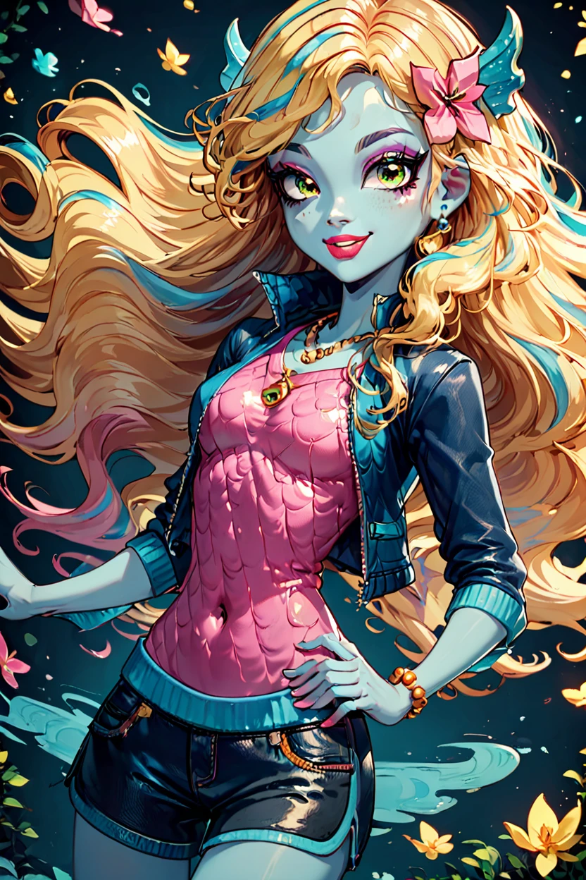 score_9, score_8_up, score_8, medium breasts, (curvy), cute, eyelashes,       ,,, , ,,, zzLagoona, green eyes, yellow eyes, blonde hair, blue hair, curly hair, hair flower, hair ornament, long hair, multicolored hair, wavy hair, blue skin, makeup, jewelry, lipstick, necklace, bracelet, eyeshadow, flower, pink shirt, black shorts, black jacket,  <lora:Lagoona_MH_PDXL:1.0>,  ,,,, BREAK, <lora:Hyperdriver_PDXL_v5:0.8>, ,,, BREAK, smile, looking at viewer, cowboy shot, embedding:zPDXL,