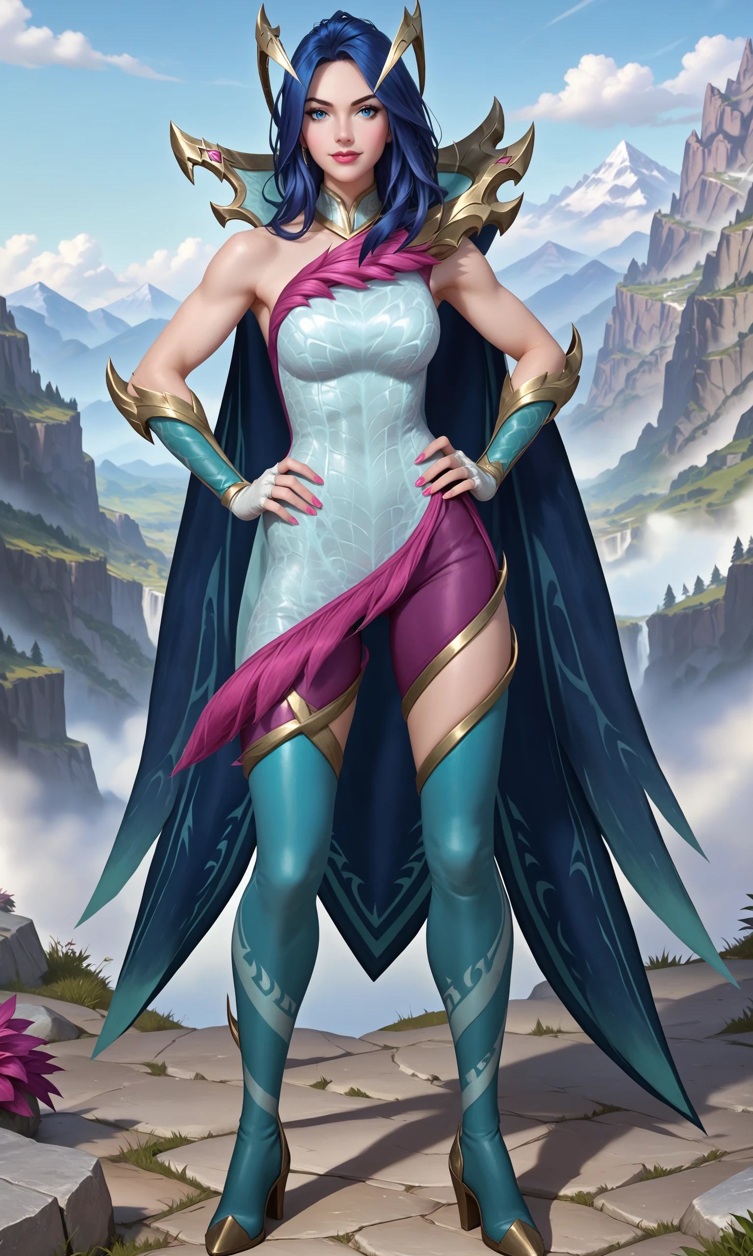 score_9, score_8_up, score_7_up, (solo, 1girl), absurdres, ,highres, official wallpaper), (masterpiece, best quality:1.2), (illustration, realistic), (perfect details, highest detailed, extreme detailed), 
fae dragon ashe, source_league_of_legends, long hair, breasts, looking at viewer, smile, bangs, blue eyes, hair ornament, thighhighs, gloves, closed mouth, standing, full body,  fingerless gloves, nail polish, thigh boots, pink nails, high heel boots, cape, closed mouth, arms on hip, mountain