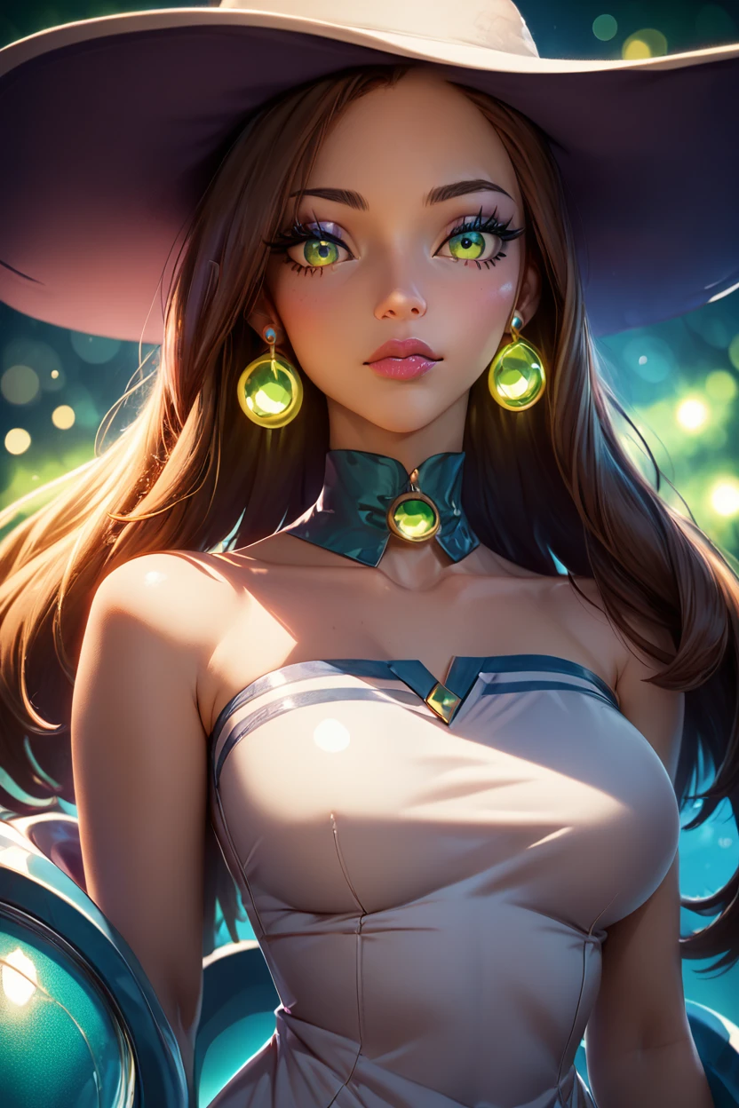 score_9, score_8_up, score_8, medium breasts, (curvy), cute, eyelashes,       ,,, , ,,,  zzBeauty, brown hair, long hair, green eyes, earrings, large breasts, white sun hat, white dress,<lora:Beauty_Pokemon_PDXL:1.0>, ,,,, BREAK,  (ultra realistic,32k, masterpiece:1.2),(high detailed skin:1.1),( high quality:1.1), head tilt, lips, closed mouth, shiny clothes, (upper body), looking at viewer, bokeh, luminescent background, ,,, embedding:zPDXL, Expressiveh, ,,, <lora:RlAnmPDXL:1.0>,