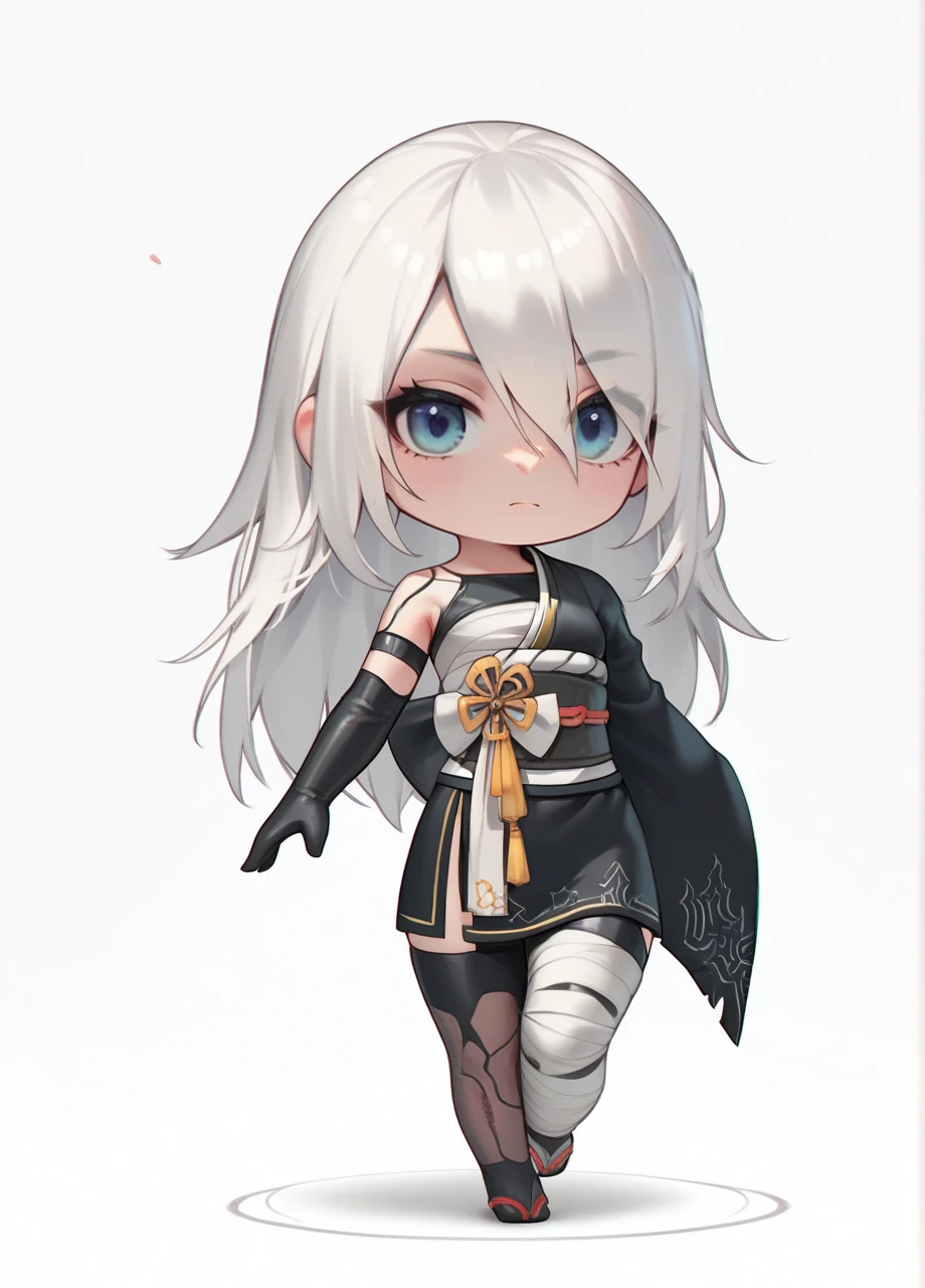 a2kimono, 1girl, solo, japanese clothes, yorha type a no. 2, sash, long hair, white hair, wide sleeve, elbow glove, kimono, blue eyes, hair ornament, bandaged leg, full body, chibi, white background <lora:Nier_KimonoA2-PONY:0.8>, score_8_up, score_7_up, score_6_up, score_5_up