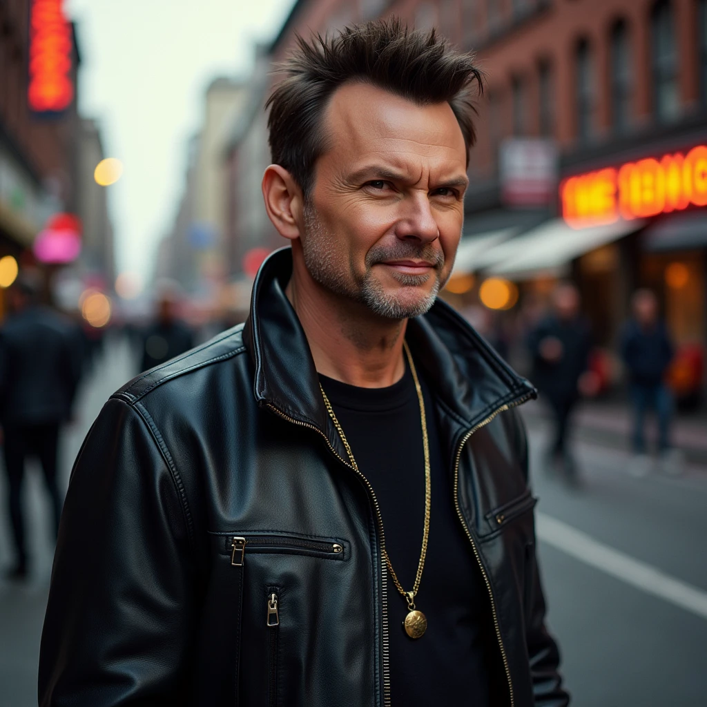 Actor Christian Slater dressed as a punk biker