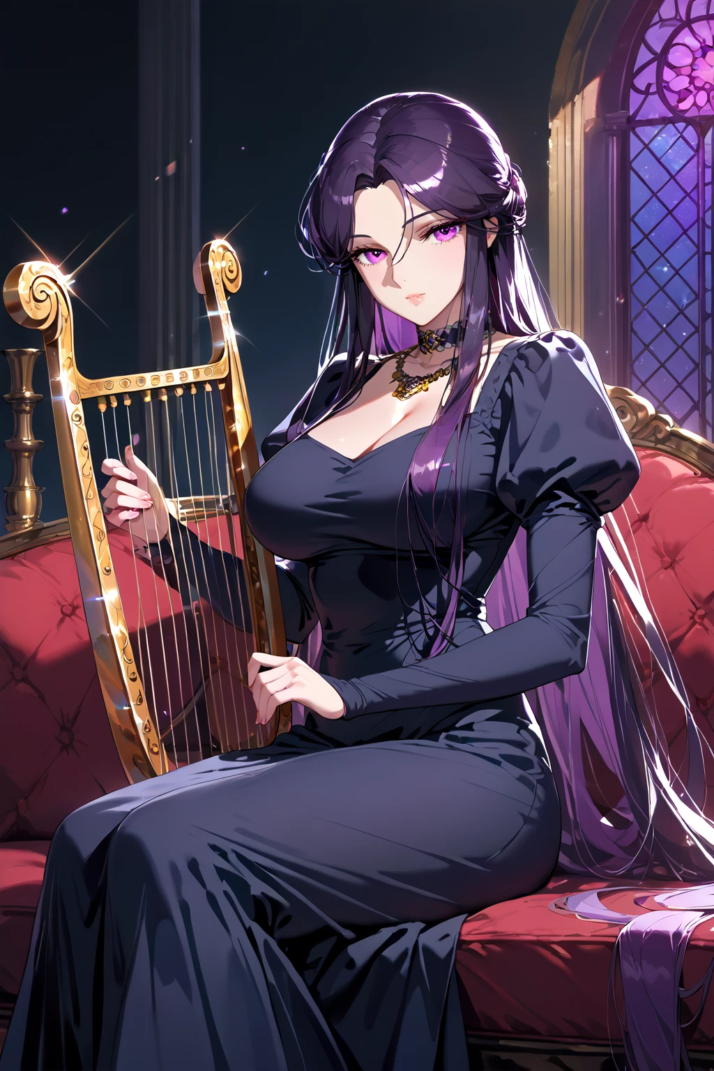 score_9,score_8_up,score_7_up,
1girl,mature female,milf,huge breasts,sitting,harp,playing harp,expressionless,
Outstanding,master work,32K,UHD,best quality,perfect work,ray tracing,ultra-clear,ultra-high-definition,detailed,ultra-high resolution,Best quality,masterpiece,soft light,official art,masterpiece,high quality,highres,absurdres,best quality,epic scene,natural textures,<lora:Pandora Pony:1>,pandora,purple eyes,very long hair,black hair,dark purple hair,parted hair,necklace,choker,dress,black dress,juliet sleeves,