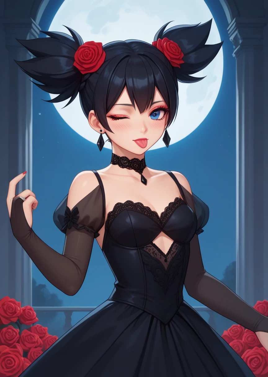 score_9, score_8_up, score_7_up, score_6_up, score_5_up, BREAK
Kurum1Nu1, Human, female, 1girl, solo, blush, blue eyes, black hair, hair ornament, dress, twintails, jewelry, flower, earrings, choker, (one hair flower), black dress, red rose, short twintails, bridal gauntlets, wink, tougue out, lipstick, makeup, mansion, night time, full moon, moon glow