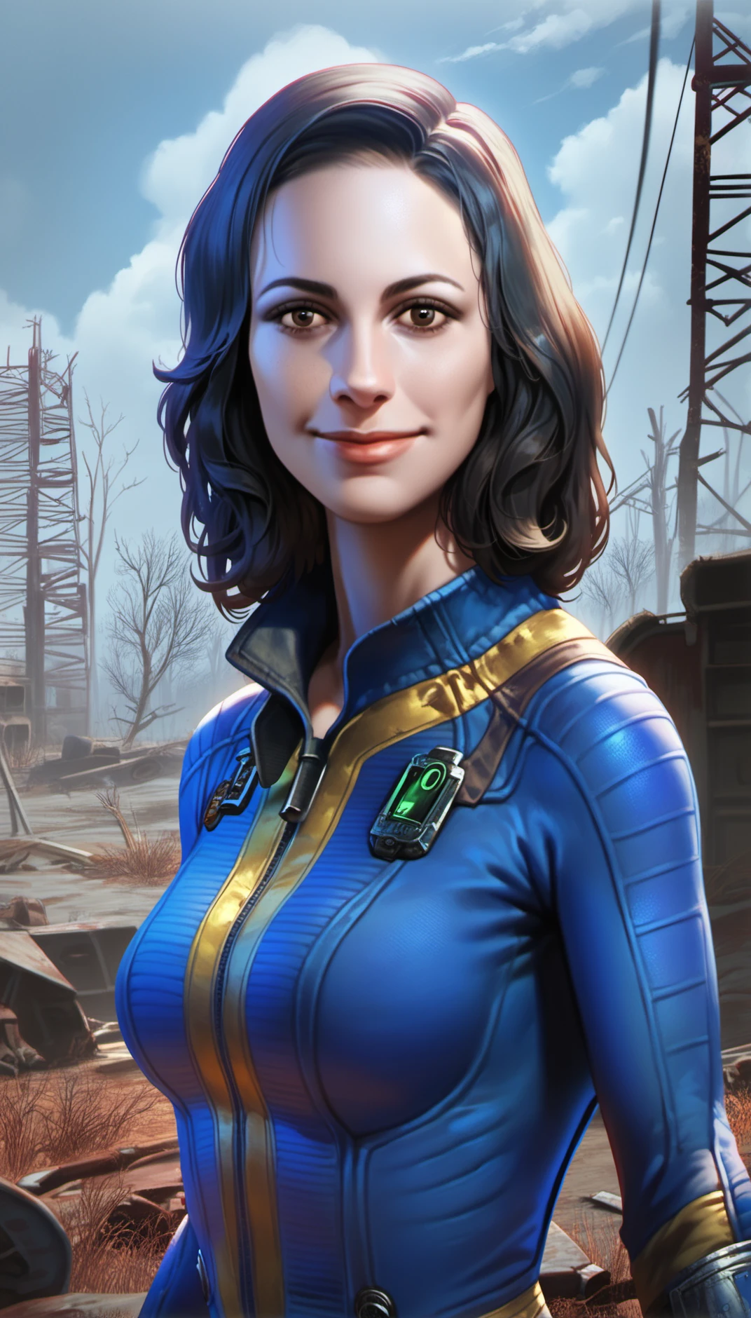 score_9,score_8_up,score_7_up,
<lora:nora:0.9>,fo4nora,
realistic,
1girl,solo,black hair,medium hair,brown eyes,looking at viewer,smile,
dirty blue jumpsuit,
portrait,
outdoors,post-apocalypse,blue sky,cloud,barren wasteland,distant city ruins and dilapidated buildings visible,dry and desolate ground,dead trees and abandoned vehicles,lights particle,