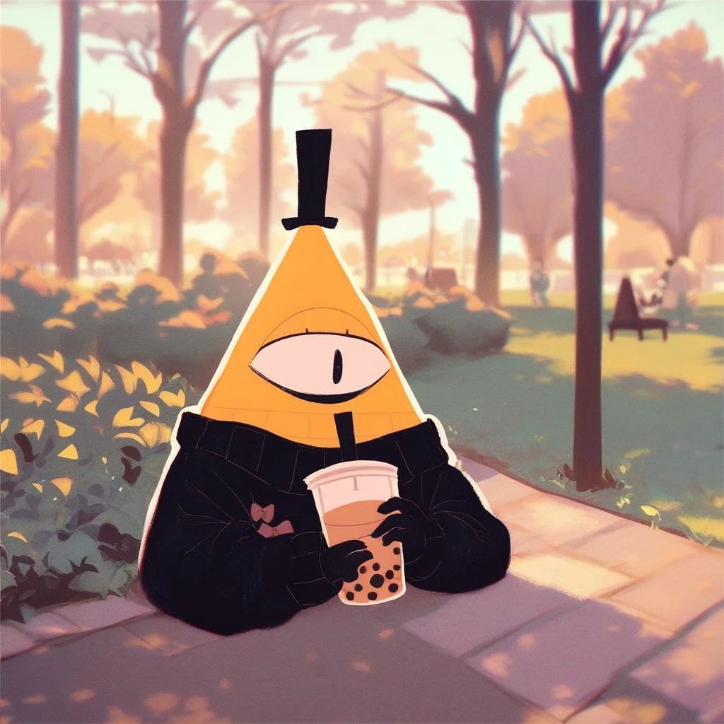 score_9_up, score_8_up, score_7_up, mikus-sona, yellow triangle, black eyes, bow tie, black hands, black legs, black hat, park, holding, bubble tea, black sweater