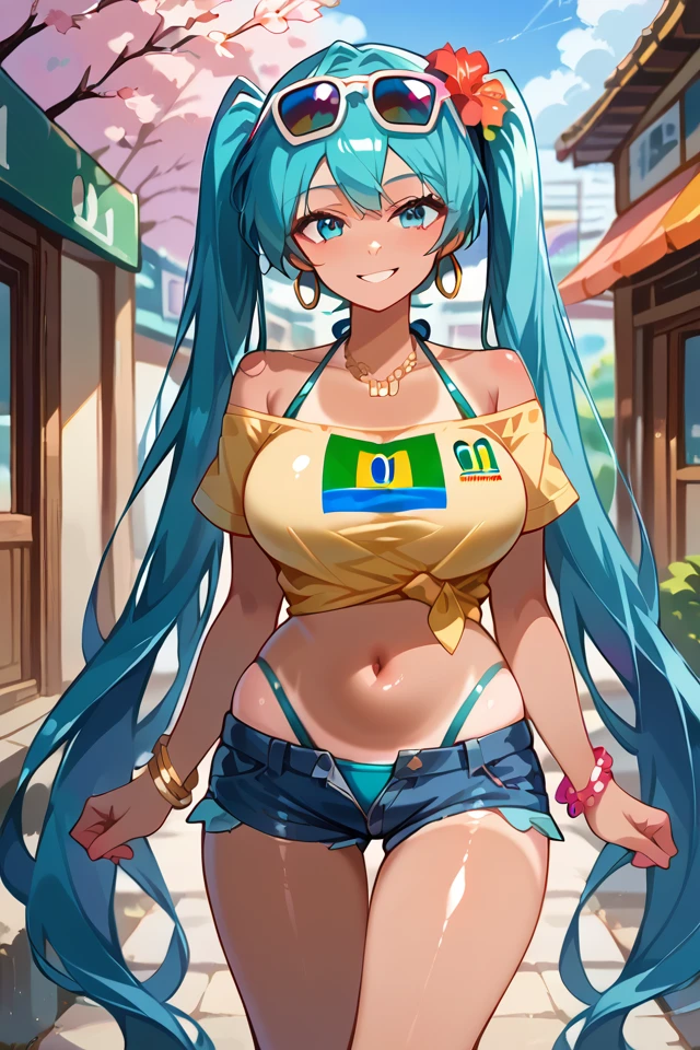 score_9, score_8_up, score_7_up, source_anime, (16k), masterpiece, absurdes, highly detailed, highres, high quality, 1girl, (solo), vocaloid, outdoors, street, cherry blossoms, cowboy shot, standing, looking at you, hatsune miku, (brazilian miku), blue eyes, aqua hair, absurdly long hair, twintails, dark skin, hair flower ornament, hoop earrings, sunglasses, eyewear on head, yellow shirt, single bare shoulder, short sleeves, midriff, belly chain, brazil flag print, blue bikini, halterneck, highleg bikini, side-tie bikini bottom, bikini under clothes, denim shorts, open shorts, tanlines, bracelet, necklace, sandals, close-up, shiny skin, smile, parted lips, (seductive smile), sexy, erotic, big breasts, horny expression, tanned, (brazil flag print), (yellow shirt), smug, smile, <lora:Brazilian Miku PonyXL-10:0.7>, <lora:Add Detail Tweaker X:0.7>