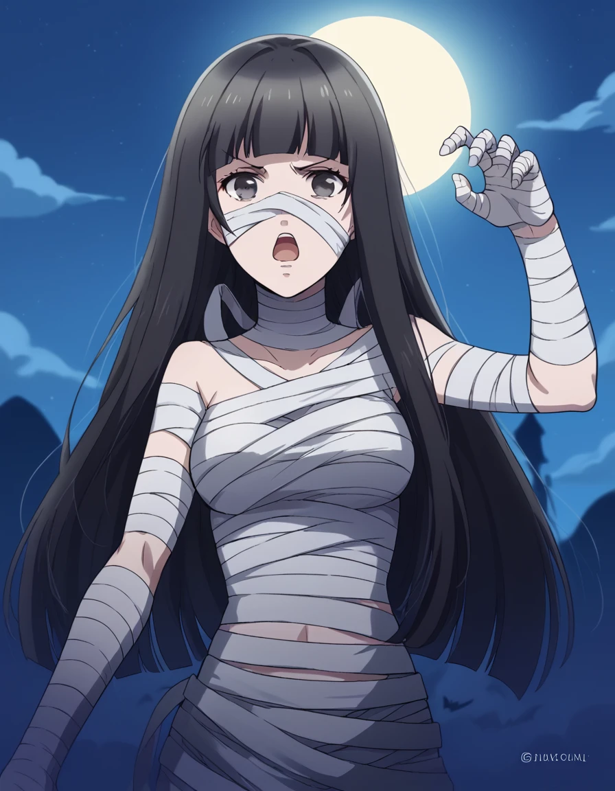 score_9, score_8_up, score_7_up, source_anime, <lora:mikoto-kuga-s1-ponyxl-lora-nochekaiser:1>, mikoto kuga, long hair, bangs, black hair, blunt bangs, black eyes, medium breasts,, <lora:mummy-costume-ponyxl-lora-nochekaiser:1>, mummy costume, bandages, halloween costume, bandaged arm, zombie pose, bandage on face,, desert, moon, night, open mouth, , dutch angle, cowboy shot