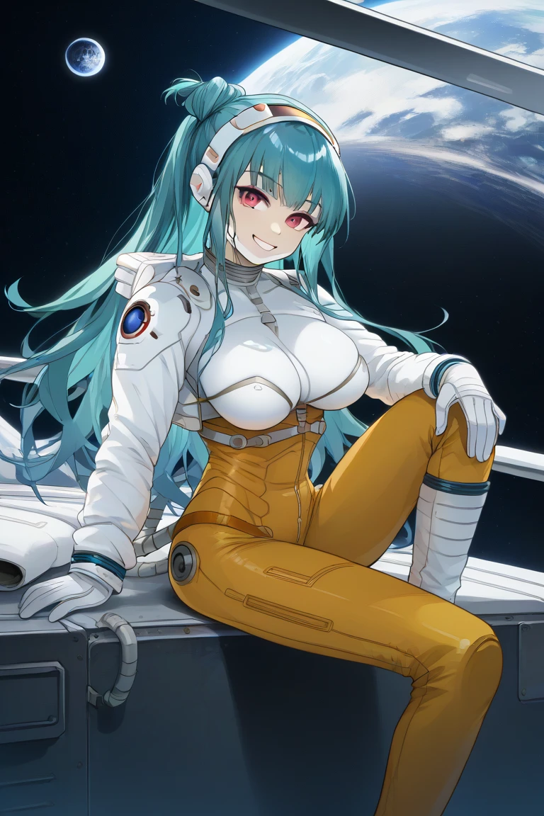 score_9, score_8_up, score_7_up, source_anime, BREAK aqua hair, sitting, spacesuit, large breasts, looking at viewer, smiling