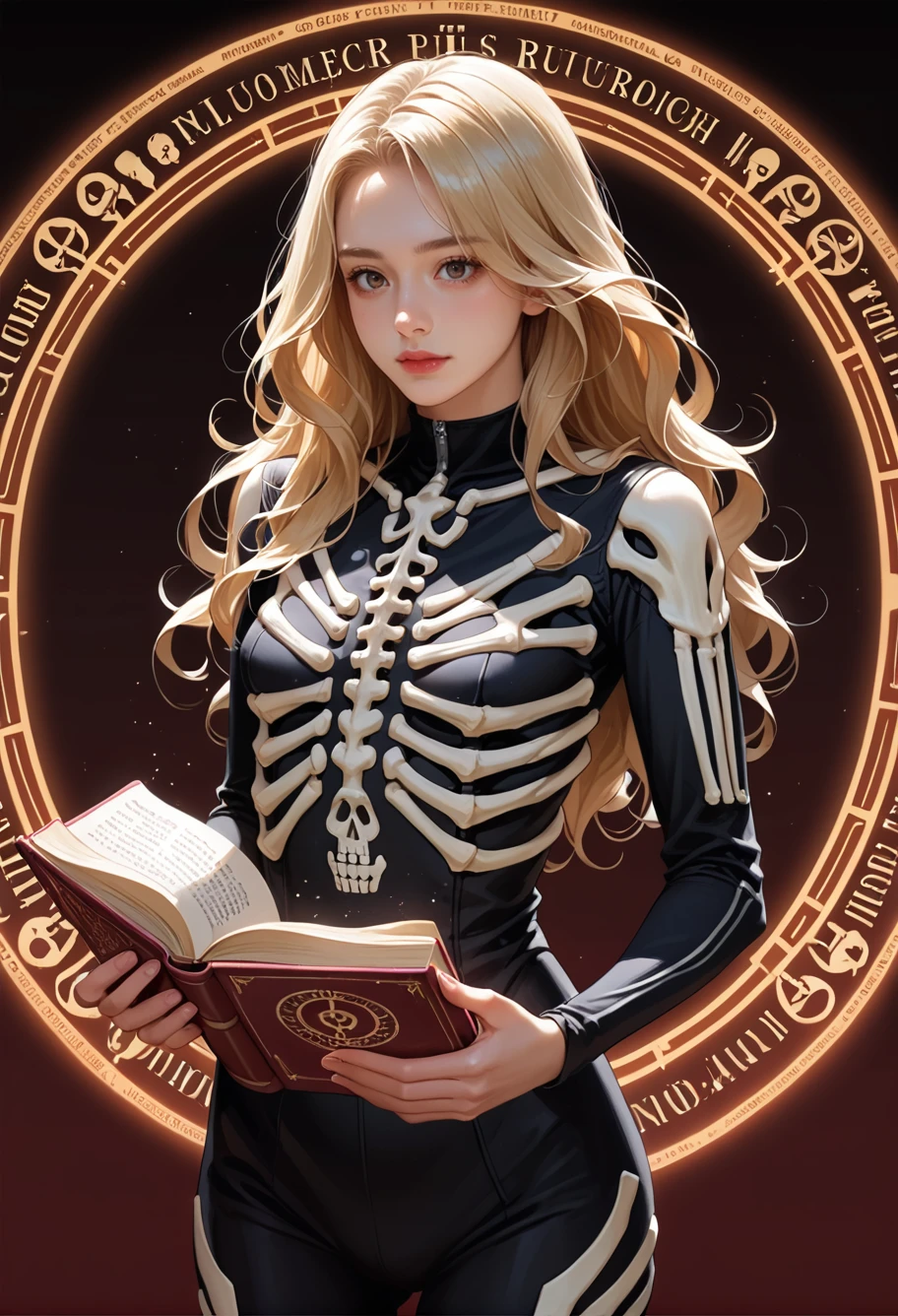 1girl,,ruanyi1917,bodysuit,skeleton,ribs,
cowboy shot,holding book,wand,magic,magic circle,<lora:1917 skeleton jumpsuit_v1_pony:1>, score_9,score_8_up,score_7_up,,8k,1girl,solo,,, blonde hair,long hair,wavy hair,