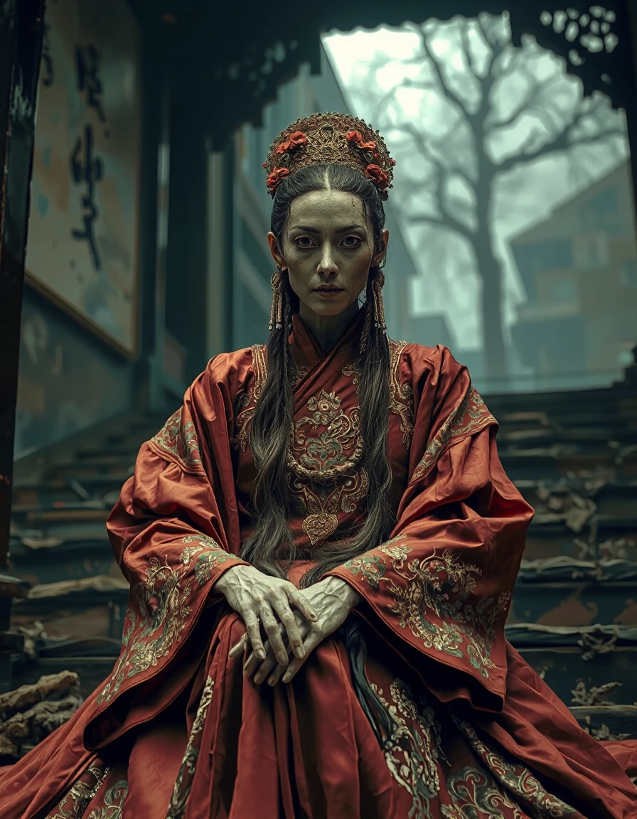 GZANATO <lora:zumboanatomist:1.57>, best quality, highly detailed, photorealistic, in the style of a collaboration between Ching Siu-tung and Tsui Hark and KÅji Suzuki for a dark fantasy medieval chinese, focus portrait of a gloomy ghostly slightly diabolical beautiful woman in an dark ancestral wedding dress made up of multiple variations of red, (the skin on her face and body are lividly pale:1.6), her eyes between black and dark red stare straight into your eyes, his hands have black claws, the woman  sits on the old stone steps of an gloomy ancient Chinese temple seems about to disappear into the thick mist of the early morning. intricate details, elaborate fine details, gloomy dark blue misty night lighting,