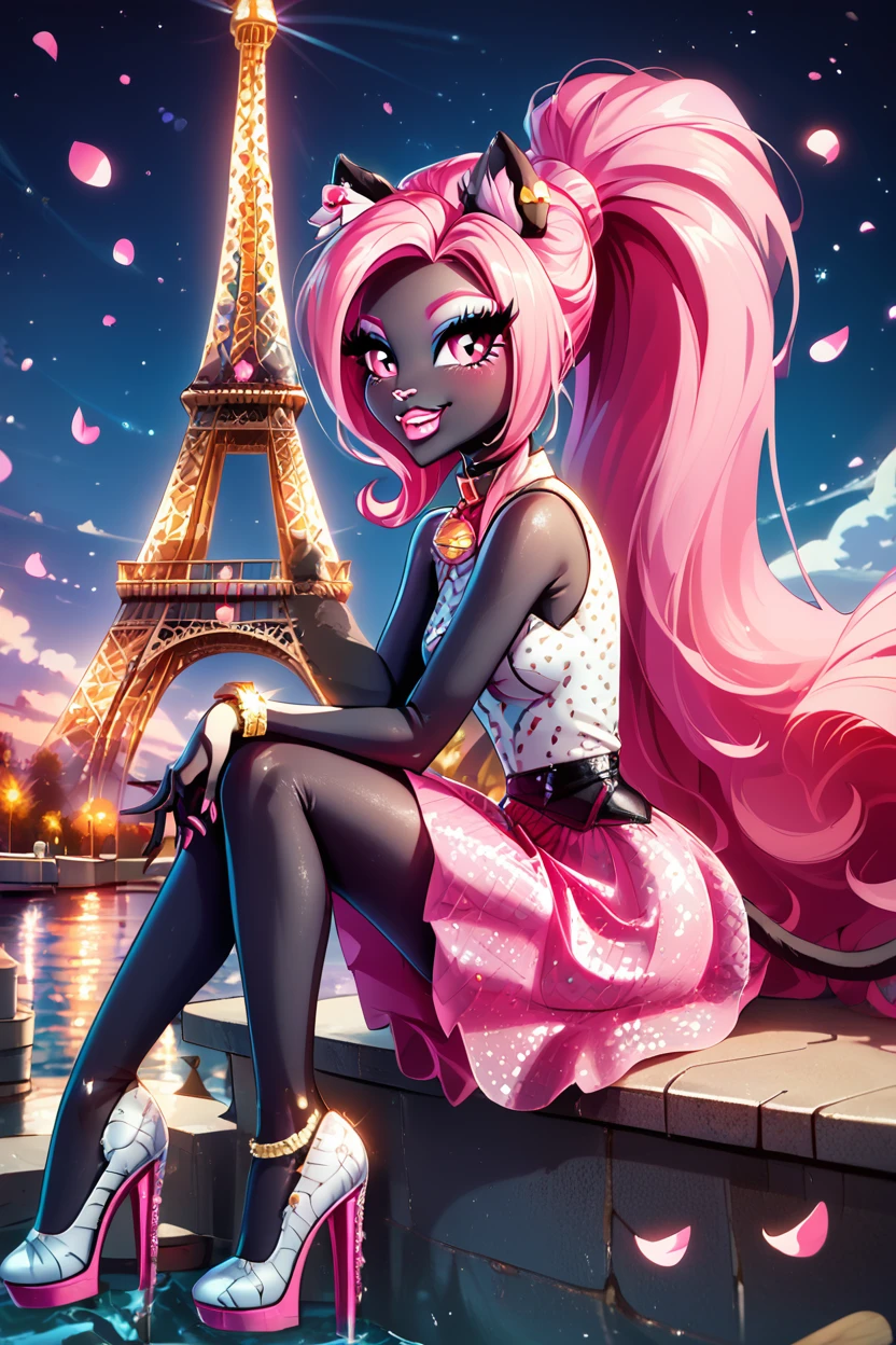score_9, score_8_up, score_8, medium breasts, (curvy), cute, eyelashes, ,,, , ,,, zzCattyNoir, pink eyes, pink eyeshadow, long hair, pink hair, ponytail, tail, very long hair, black skin, cat ears, cat tail, makeup, sleeveless, pink skirt, idol, jewelry, eyeshadow, high heels, lipstick, <lora:CattyNoir_MH_PDXL:1.0>, ,,,, BREAK, zzEiffelTower in background, sitting, watercraft, boat, sitting on wall, side view, looking at viewer, smile, ,,, BREAK, blooming stars, luminescent petals, otherworldly fragrance blurry background, ,,, embedding:zPDXL, Expressiveh, ,,, <lora:EiffelTowerPDXL:0.8>, <lora:CatalystStylePDXL:0.6>, <lora:SDXLFaeTastic2400:0.5>, <lora:Expressive_H-000001:0.4>,