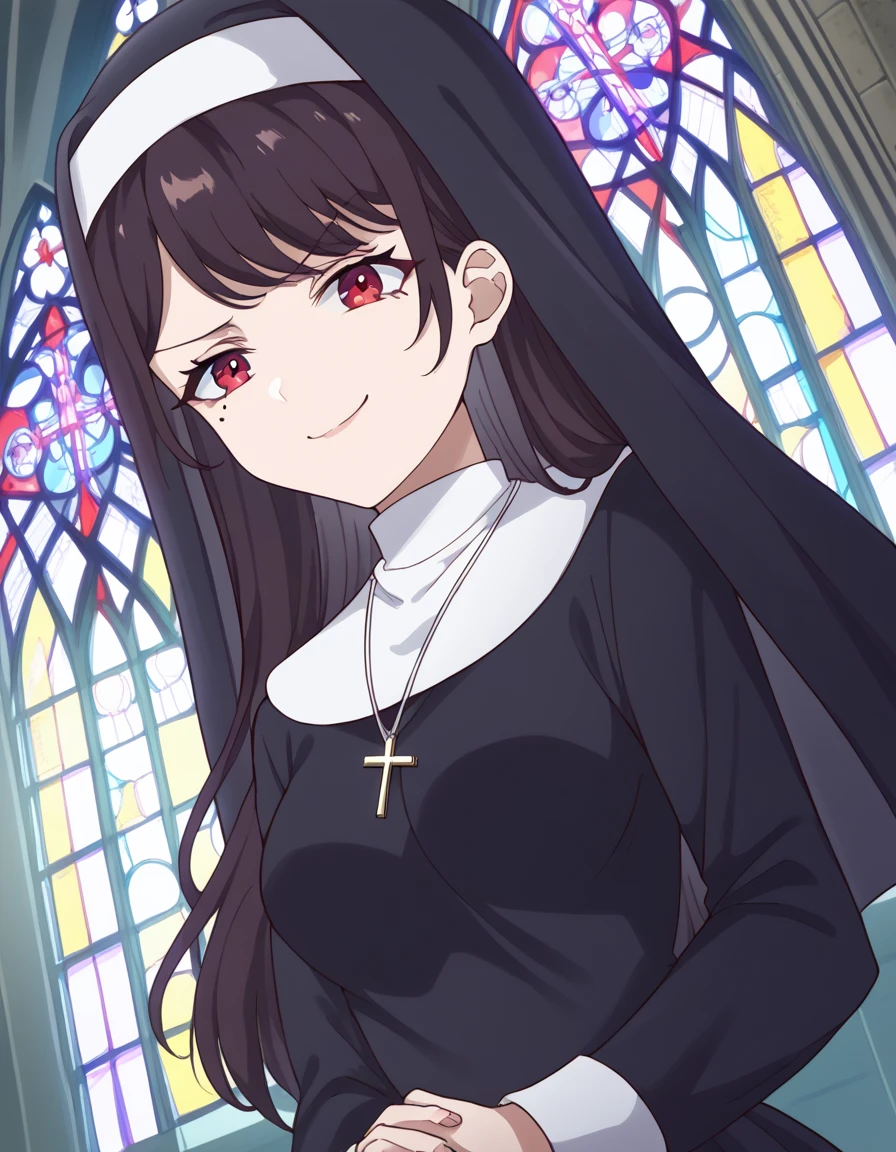 score_9, score_8_up, score_7_up, source_anime, <lora:maria-kurose-s1-ponyxl-lora-nochekaiser:1>, maria kurose, long hair, black hair, red eyes, mole, mole under eye, medium breasts, <lora:traditional-nun-ponyxl-lora-nochekaiser:1>, traditional nun, nun, habit, long sleeves, dress, black dress, jewelry, black veil, cross, cross necklace,, church, smug, praying,, , dutch angle, cowboy shot