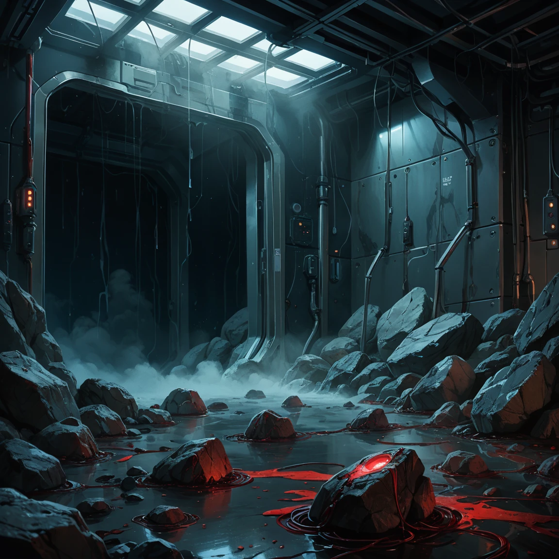 score_9, score_8_up, score_7_up, score_6_up, sci-fi, future, indoors, steel and glass, electrical supplies, blood everywhere, m00n, rock, fog, gray colors, blue and red colors, night, cinematic lighting, aesthetic